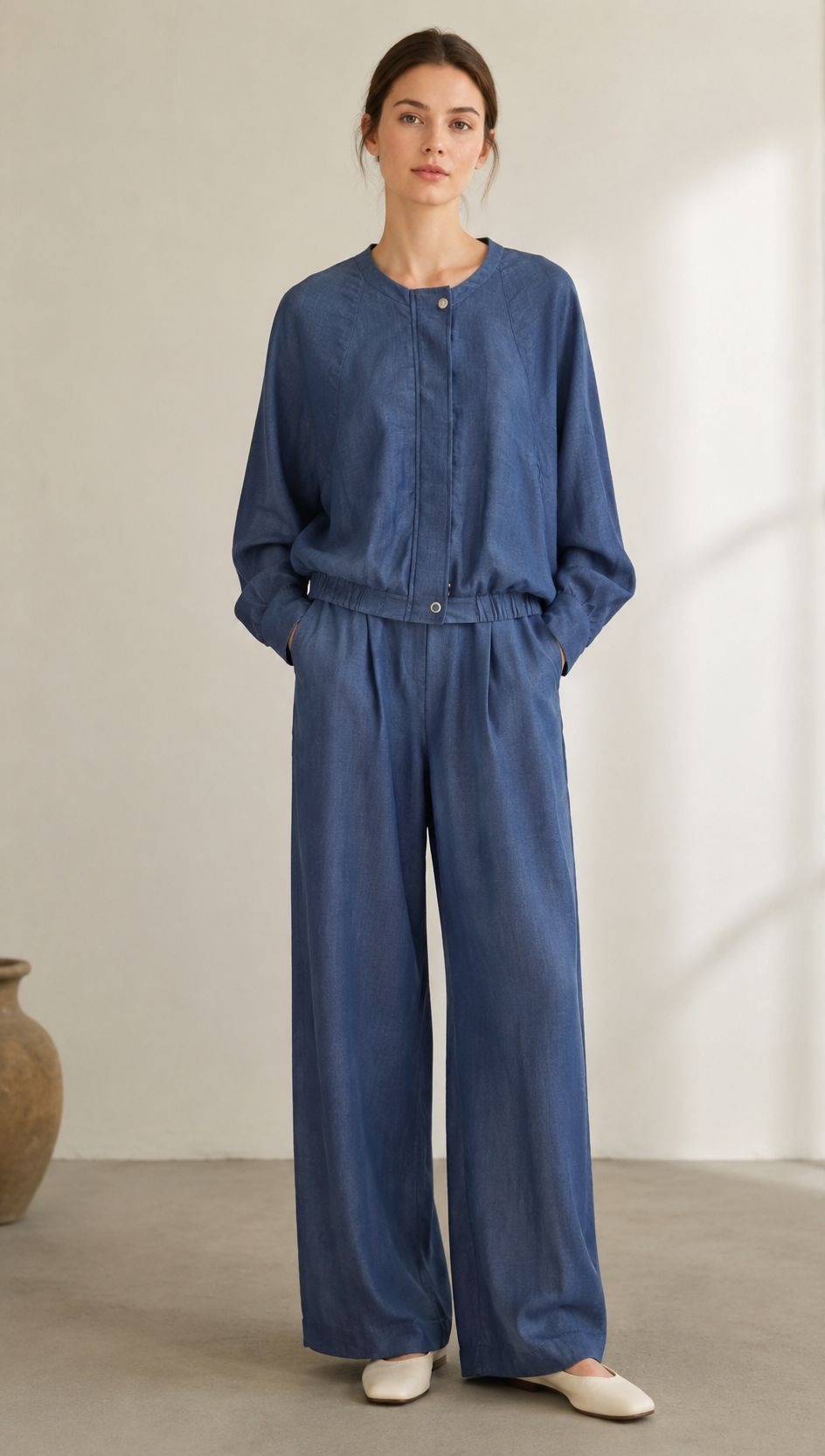 Minimalist Linen Cropped Bomber Jacket with Elastic Hem LA-710004