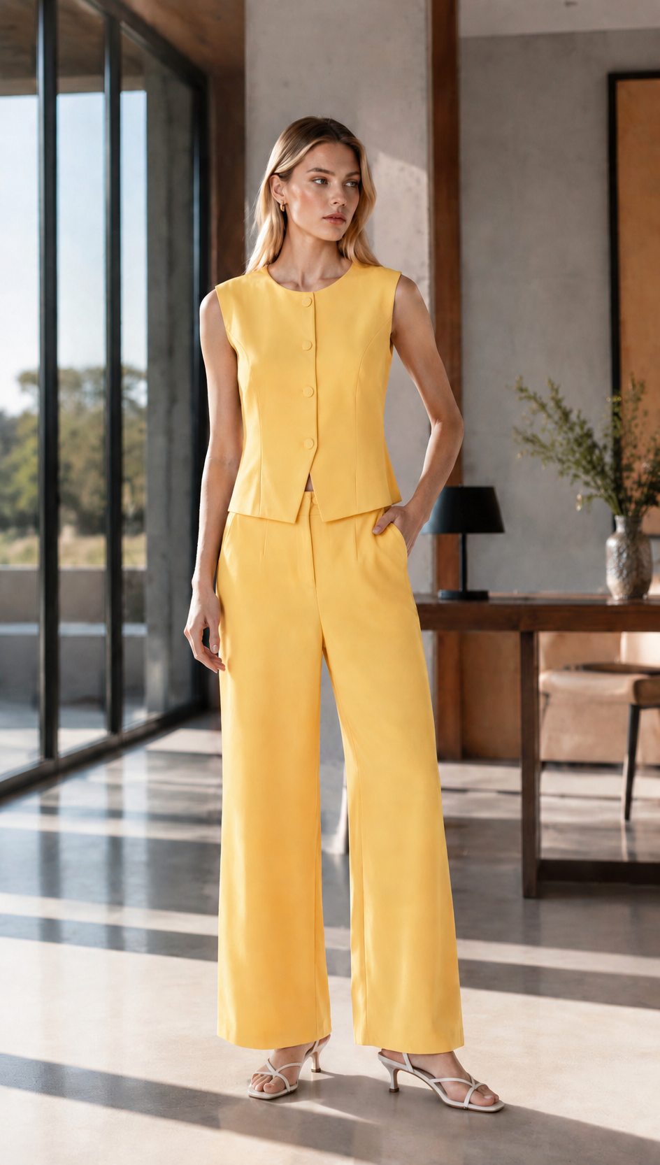 Elegant Light Vest & High-Waisted Wide-Leg Pants Set LA-710009