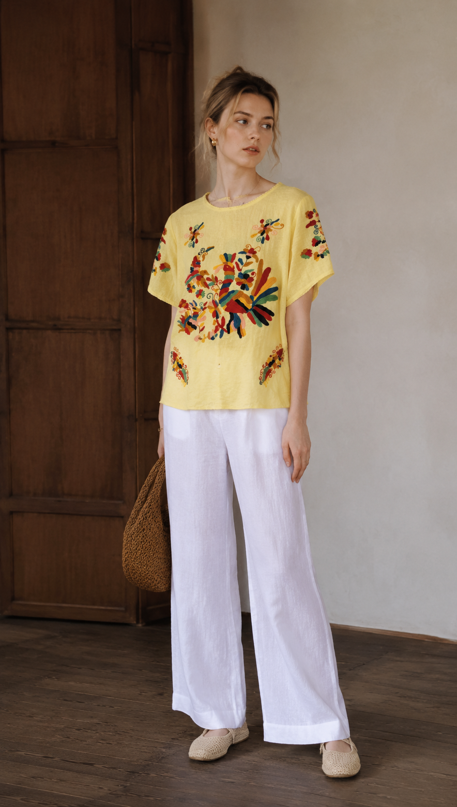 Floral Embroidered Boho Blouse with Lace Trim LA-750002
