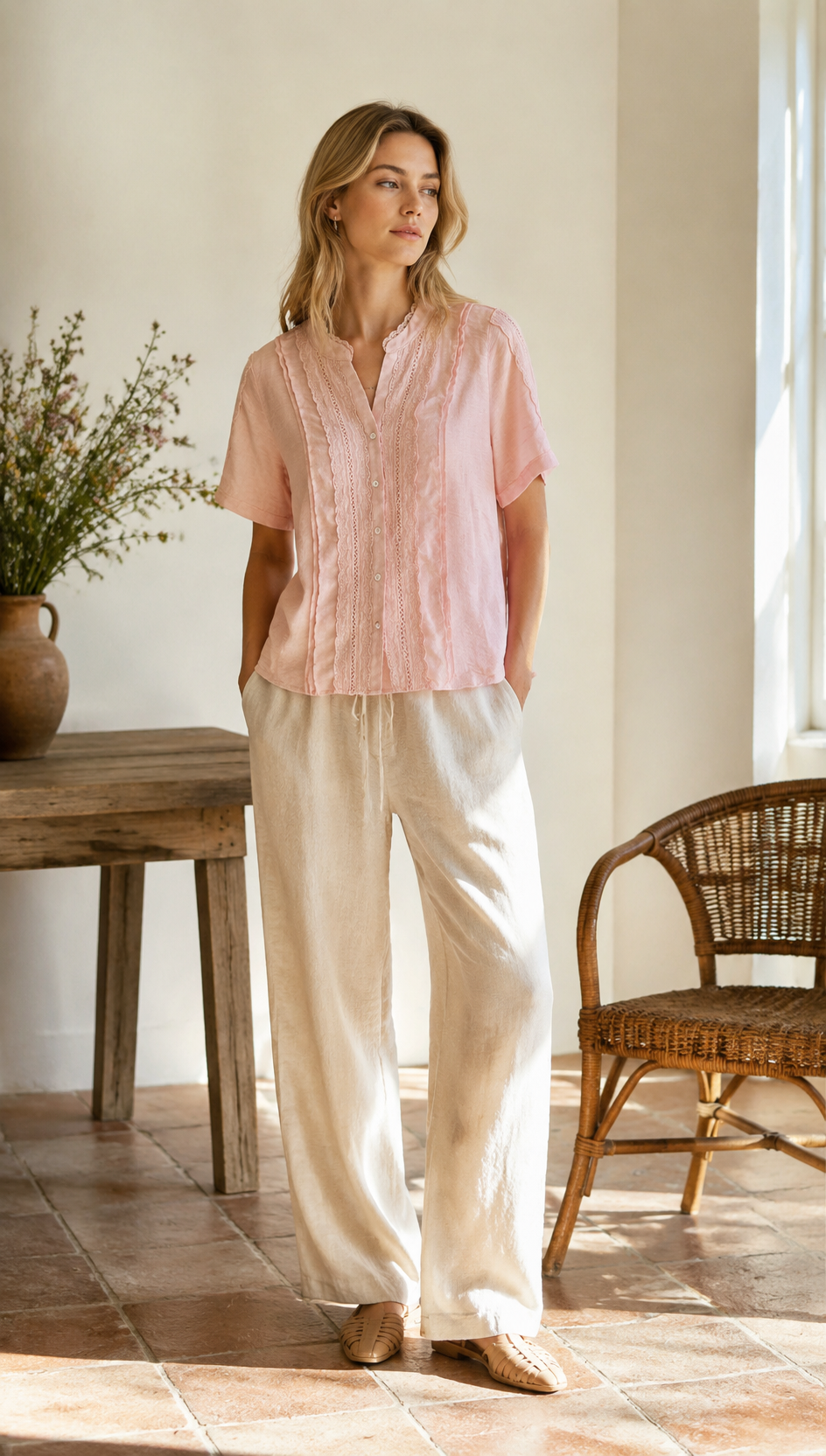 Linen-Blend Lace Trim Short-Sleeve Blouse LA-780002