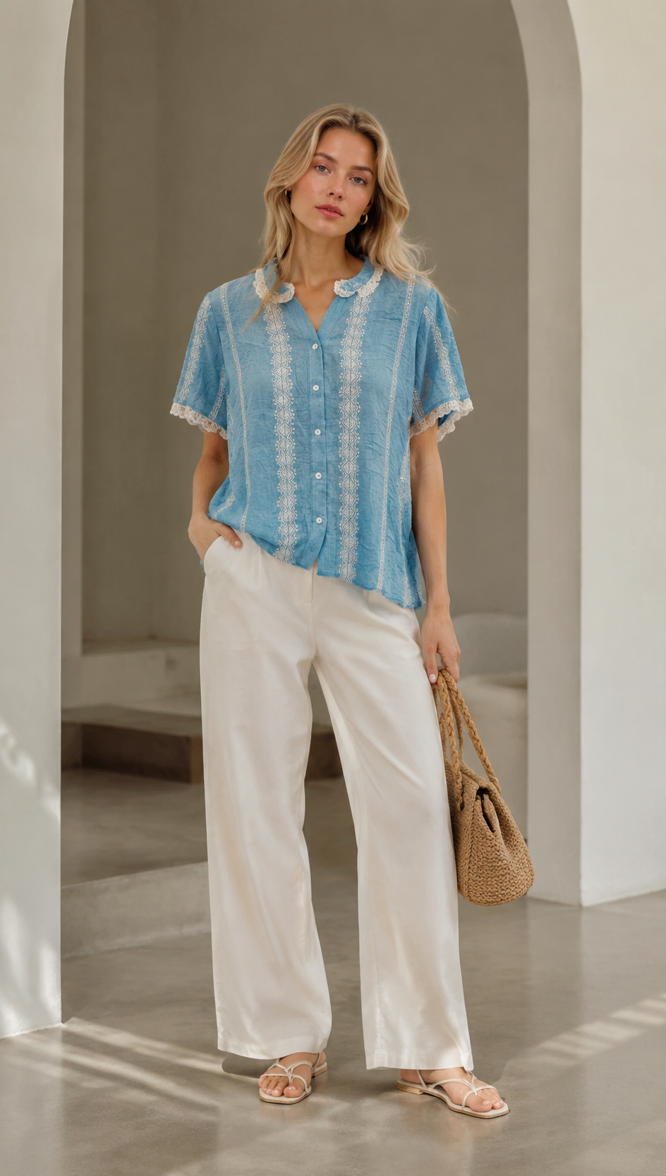 Linen-Blend Blouse with White Lace & Embroidery LA-810001