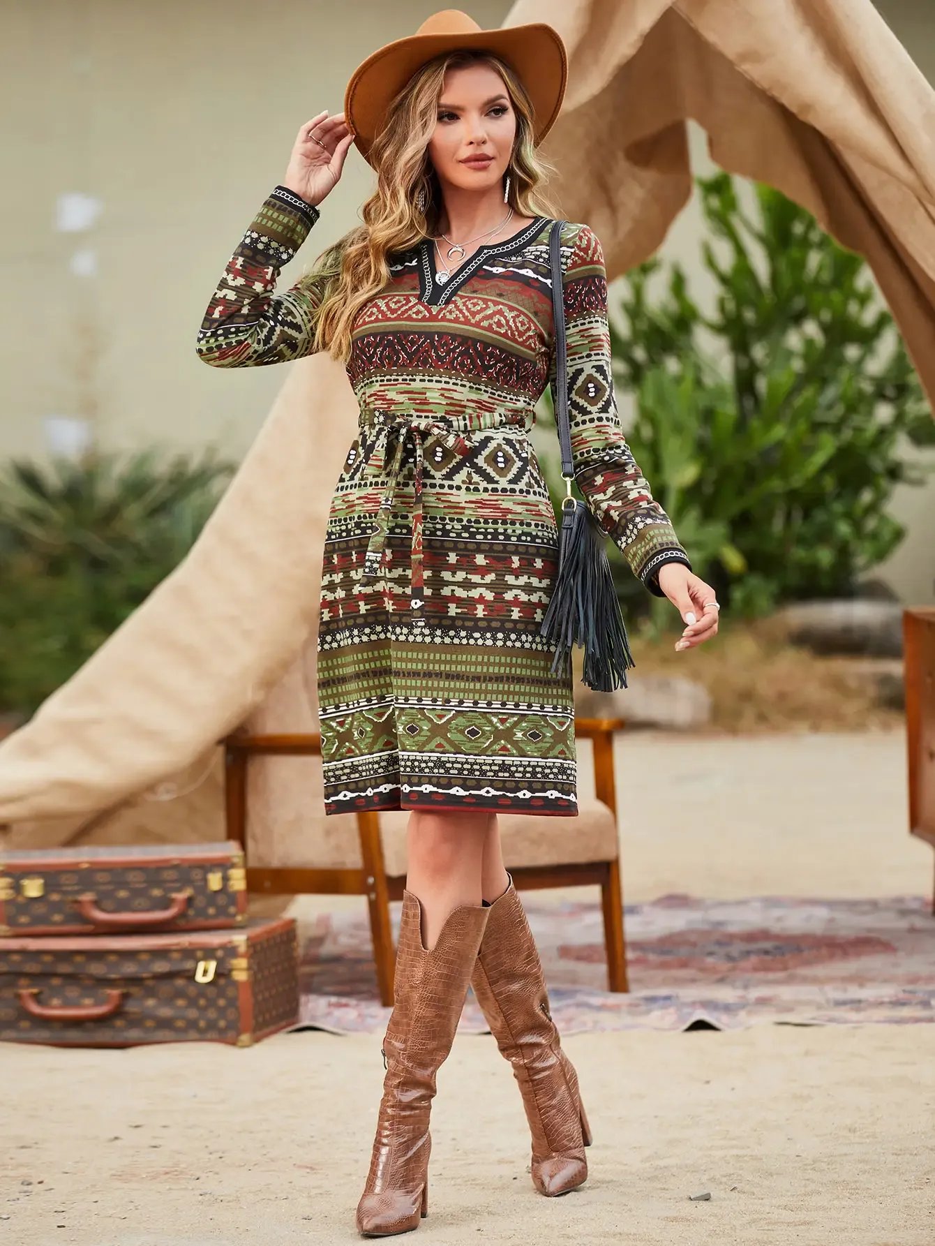 Women’s Western Boho Tribal Print Long Sleeve Drawstring Mini Dress M-33646