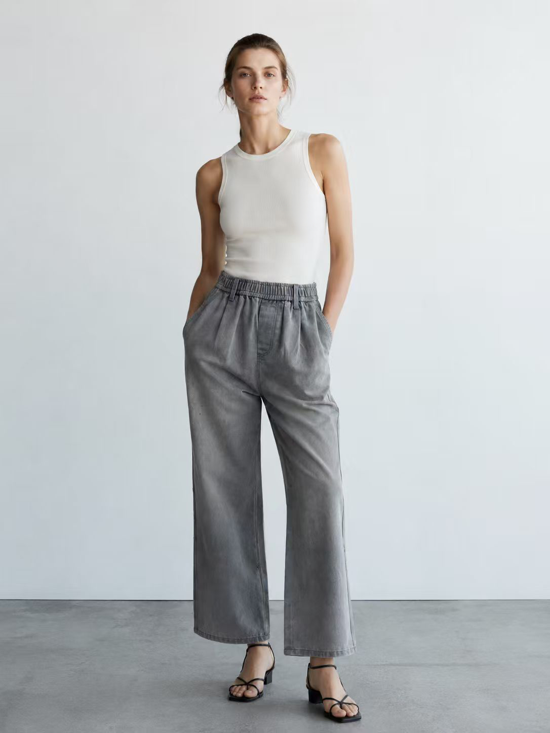 Vintage Faded Gray Relaxed Fit Wide Leg Jeans Retro Elastic Waist Denim Trousers ZY6024