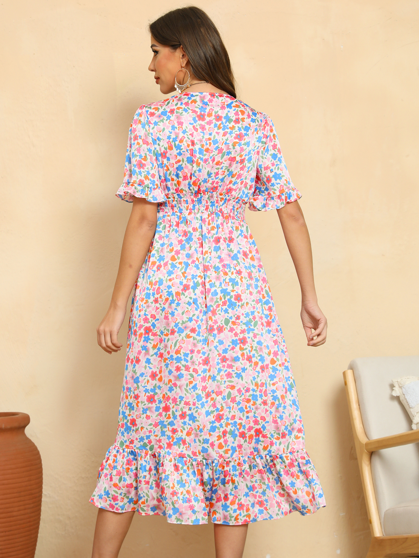 Women’s Boho Floral Wrap Ruffle Hem Midi Dress D-34794