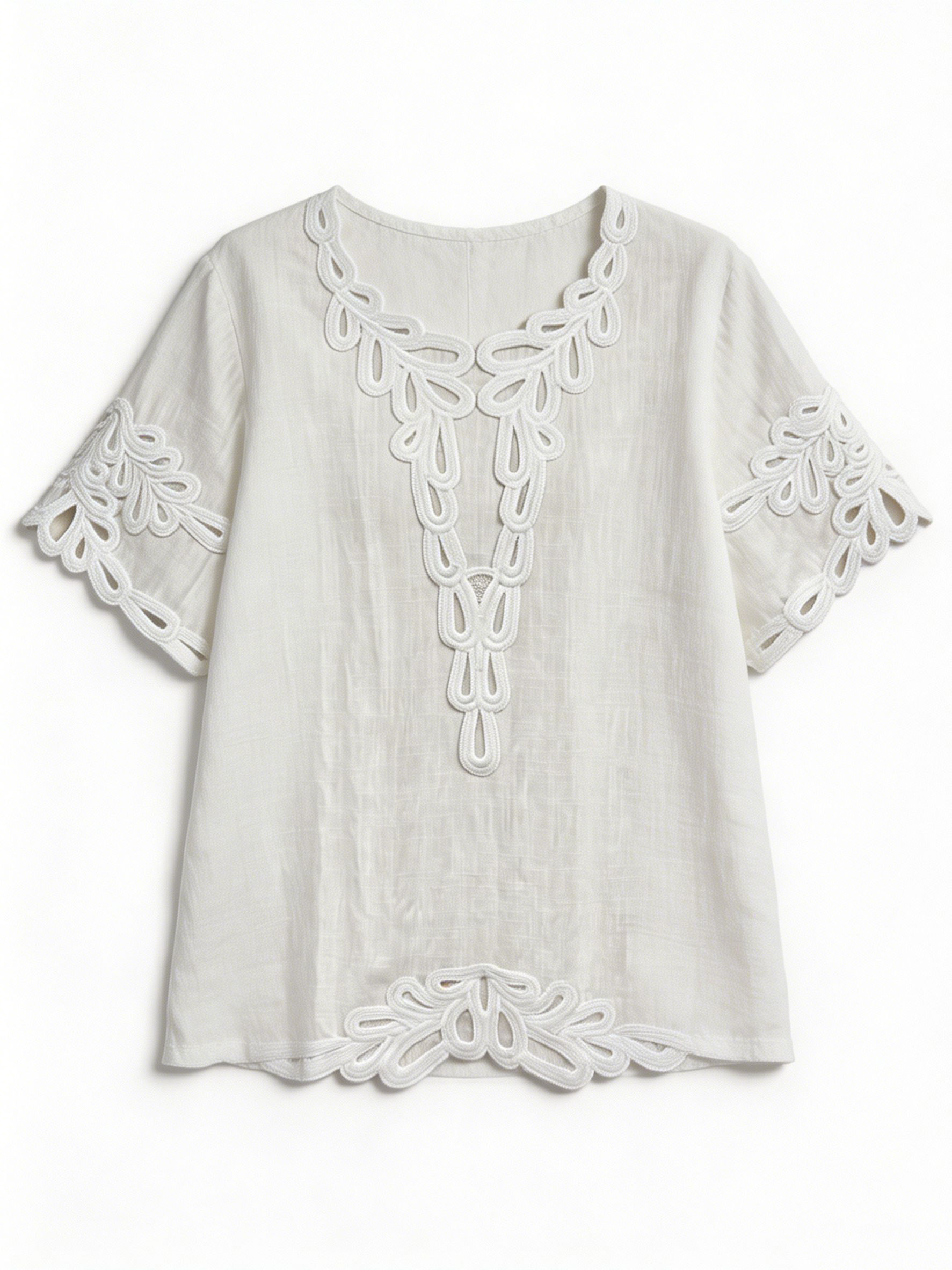 Boho White Top with Cording Detail Short Sleeve Loose Summer Blouse