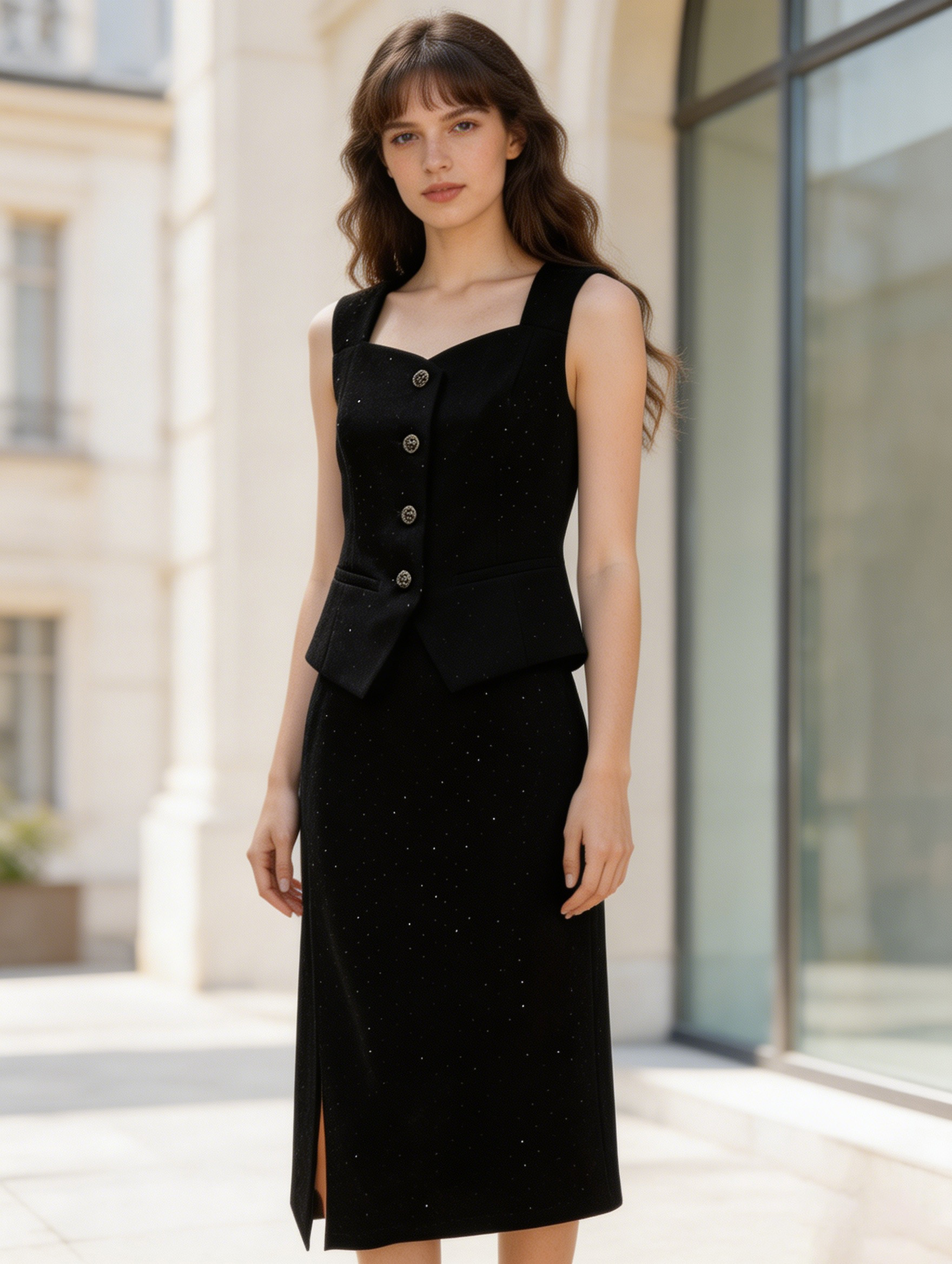 Modern Retro Square Neck Button Front Vest Top Slim Fit Long Skirt Ensemble C-41461+C-41462