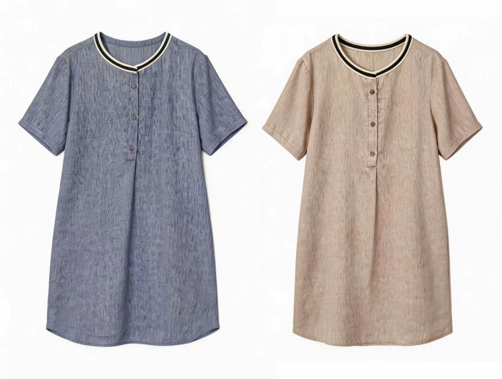Blue Linen-Blend Tunic Dress with Contrast Neckline Trim AN-750015