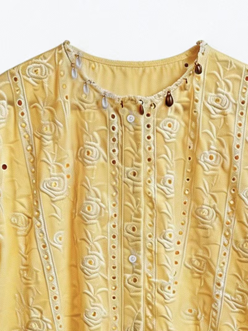 Minimalist Embroidered Eyelet Blouse with Beaded Trim AN-750013