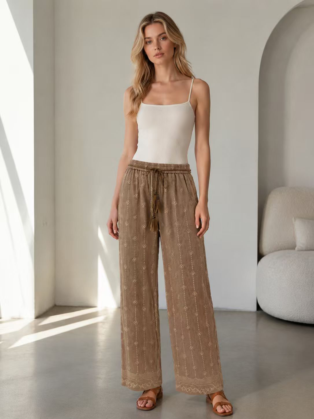 Bohemian Embroidered Pants – Elastic Waist Tassel Resort Bottoms D-41240