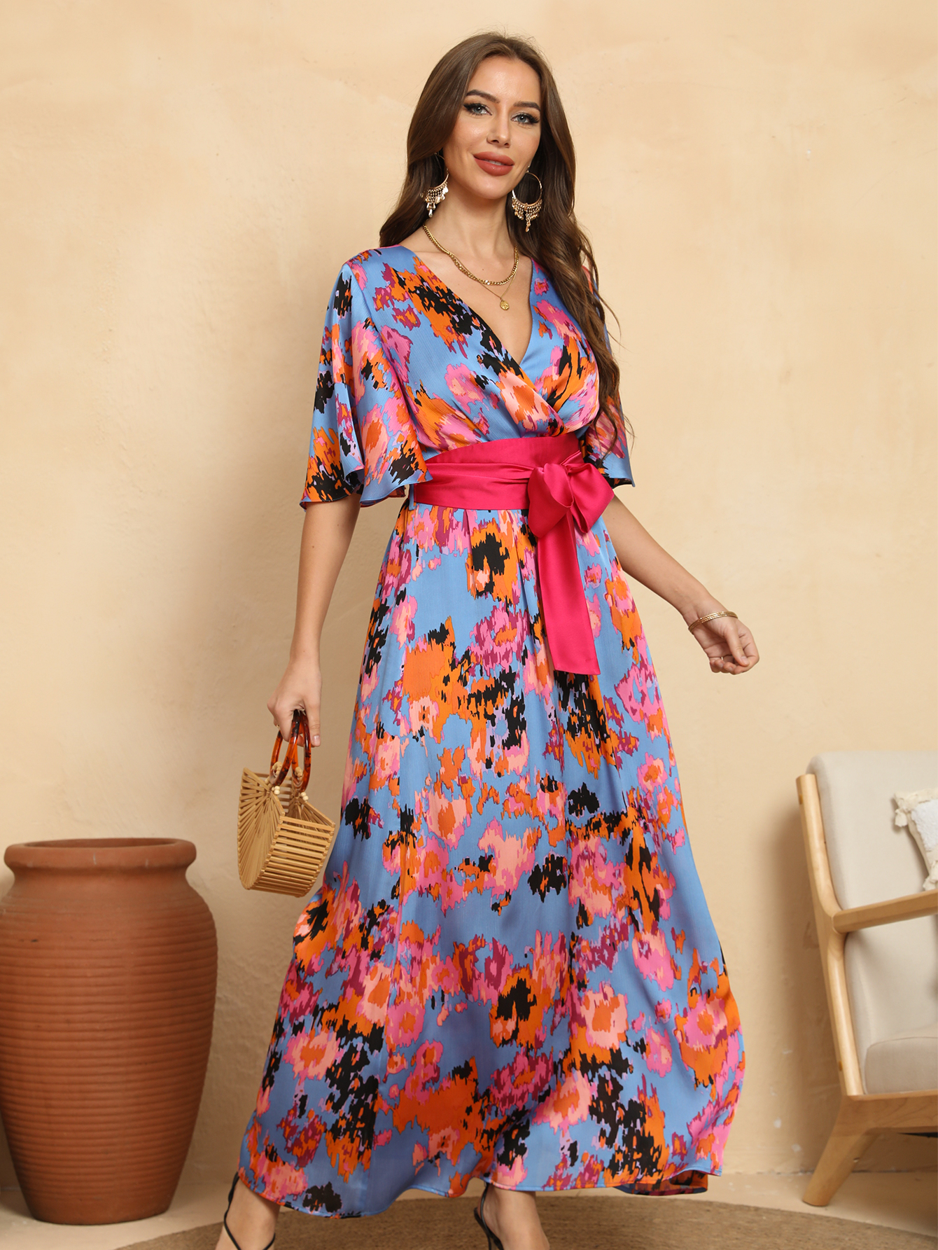 Vibrant Floral Wrap Belted Flutter Sleeve Maxi Dress W-32906
