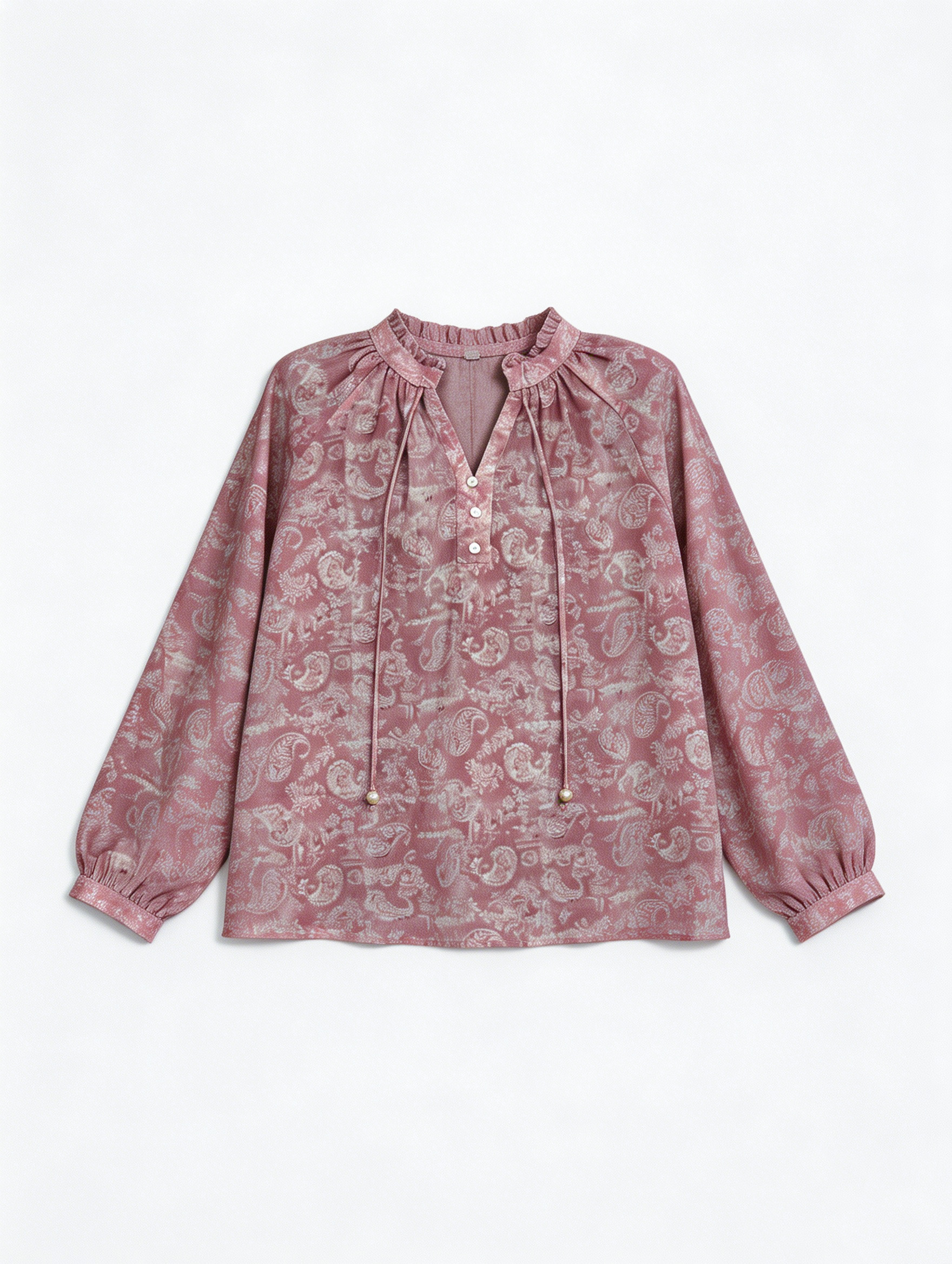 Women's  Paisley Print Blouse - Tie Neck Puff Sleeve Top AN-710020