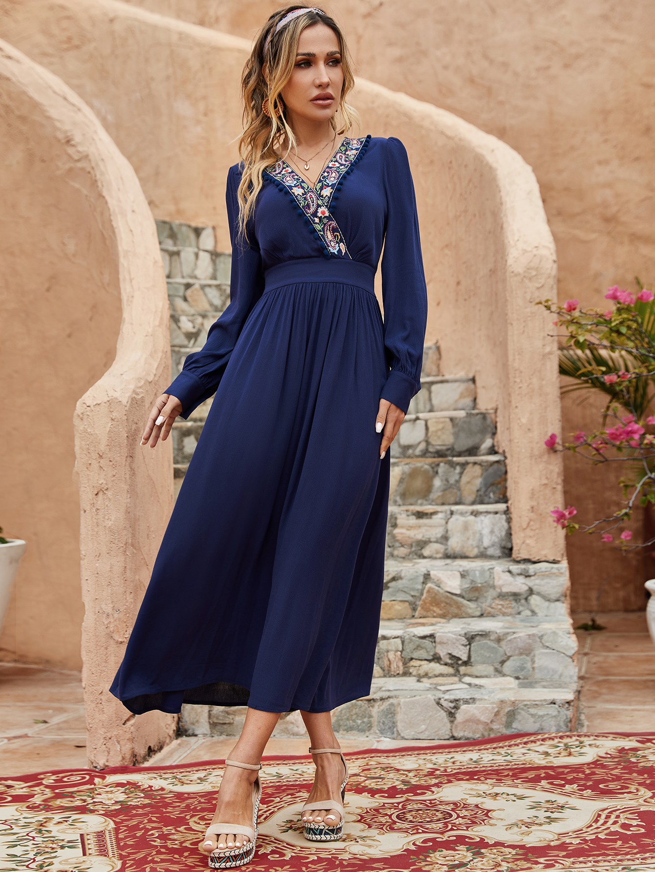 Elegant Boho Embroidered Maxi Dress for Women – Long Sleeve V Neck D-34243