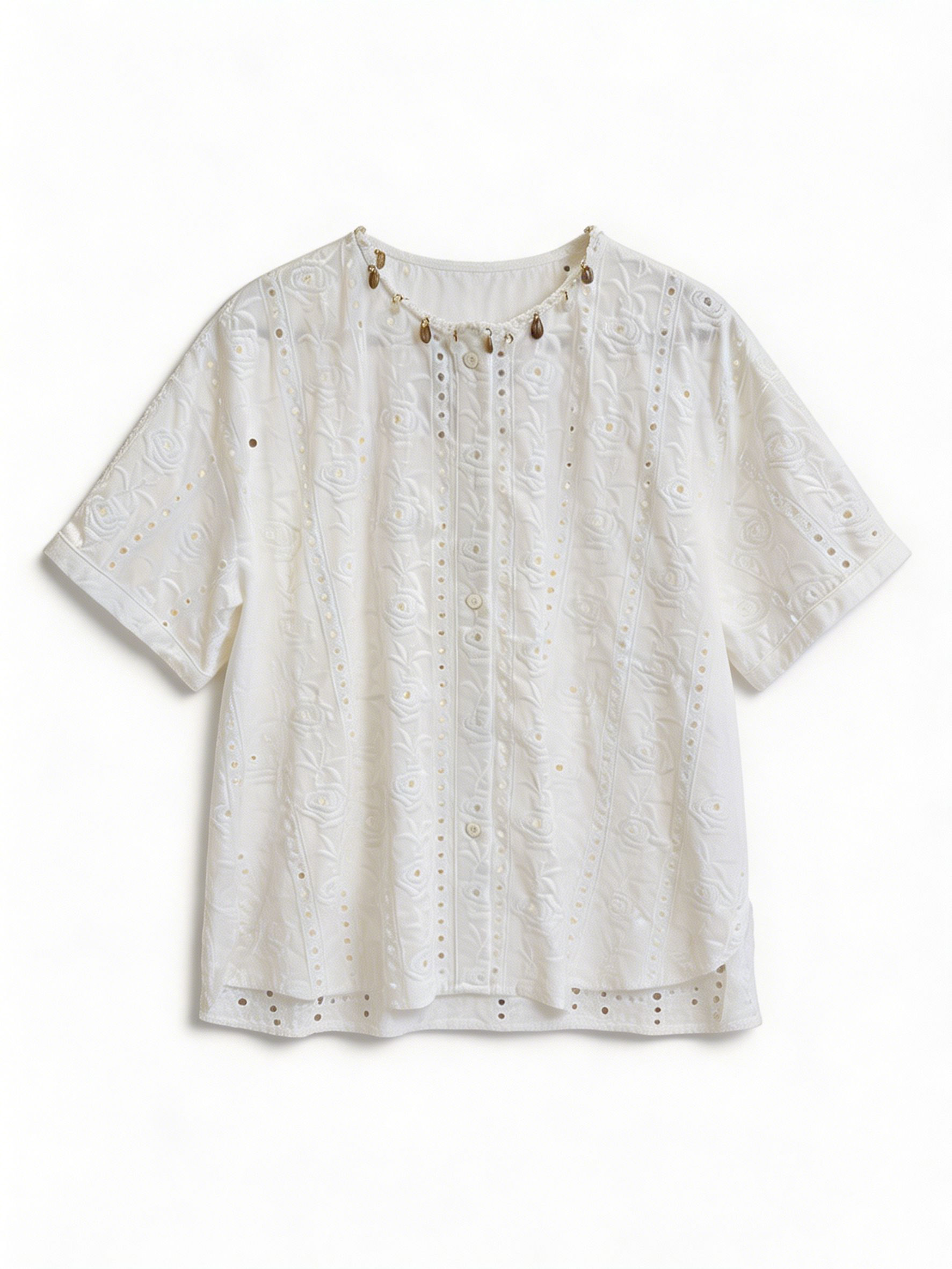 Minimalist Embroidered Eyelet Blouse with Beaded Trim AN-750013