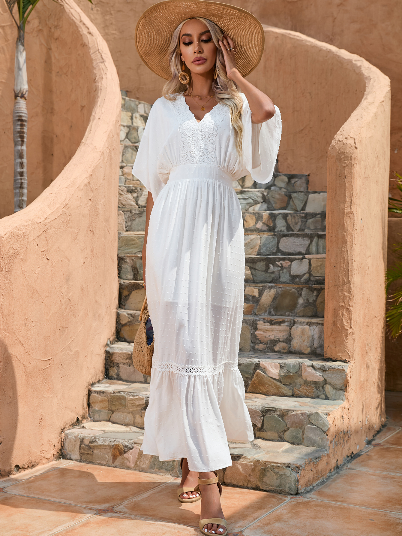 Women’s Luxe Boho Swiss Dot Kimono Sleeve Maxi Dress D-34701
