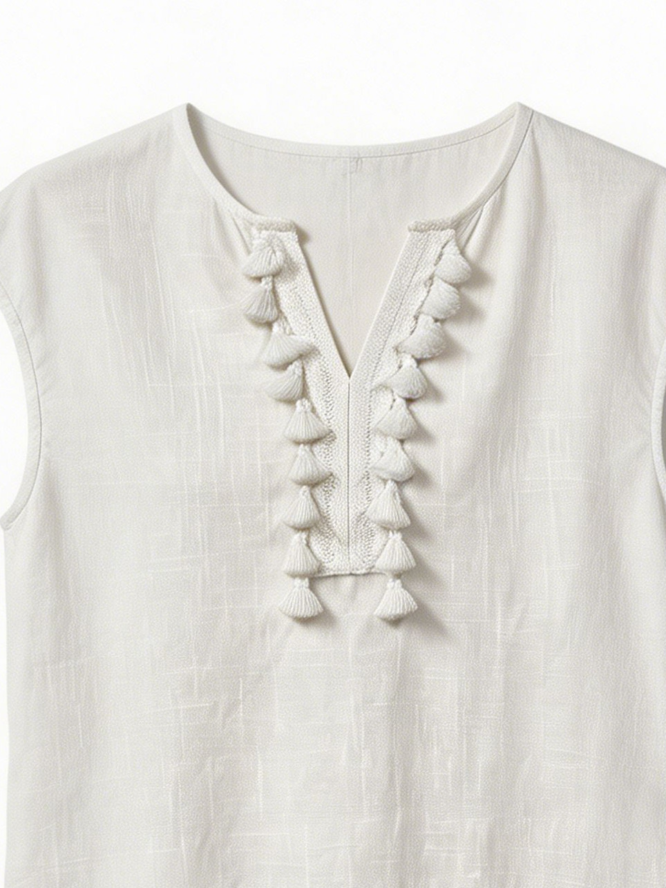 Boho Tassel Trim Sleeveless Linen Top Casual V-Neck Blouse for Women C-41968