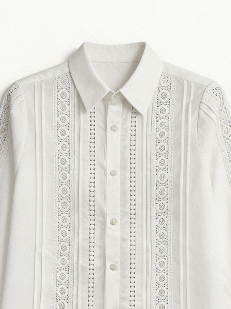 Chic White Lace Embroidered Blouse - Collared Relaxed Fit Top  D-42050