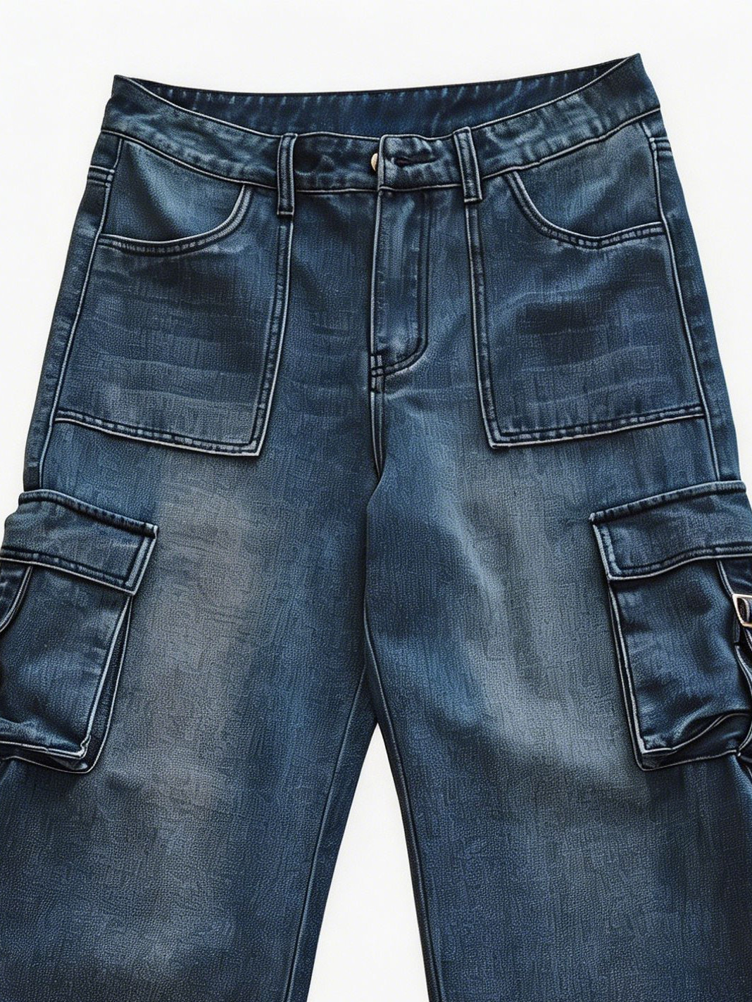 Mid Wash High Waisted Wide Leg Cargo Jeans with Side Pockets ZY6039