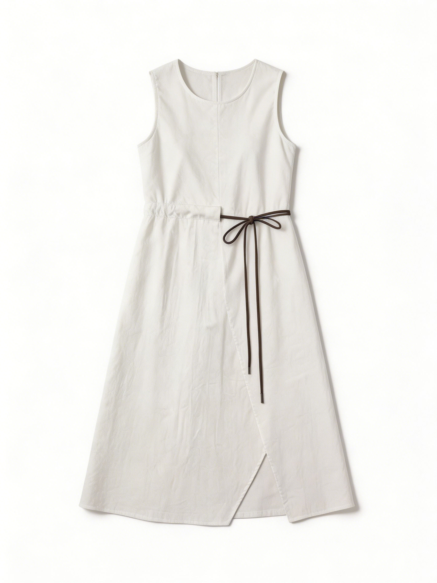 Women's White Sleeveless Drawstring-Waist Midi Dress C-41956