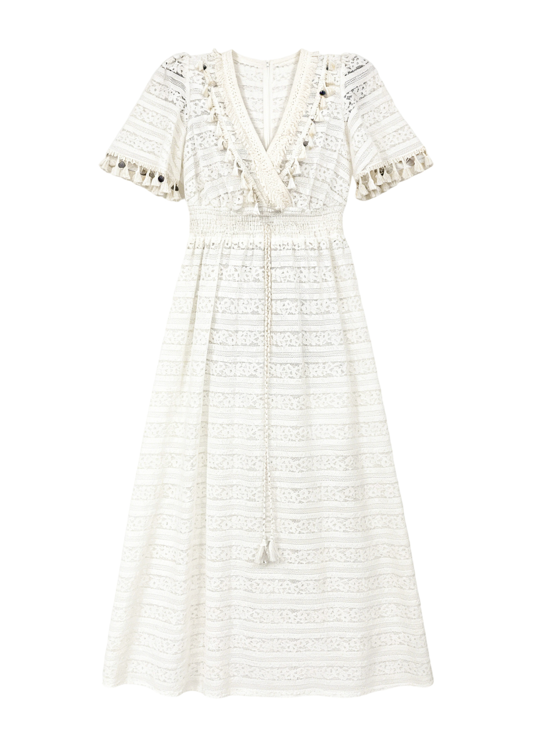 Women’s Boho Crochet Lace Tassel V Neck Maxi Dress W-35095