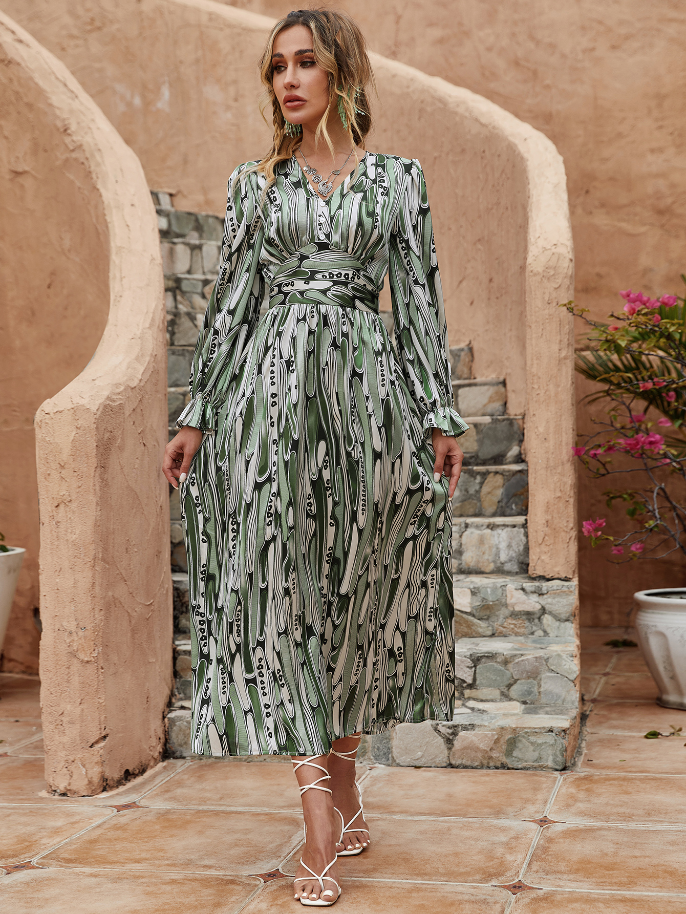 Women’s Abstract Print V Neck Boho Midi Dress M-34283