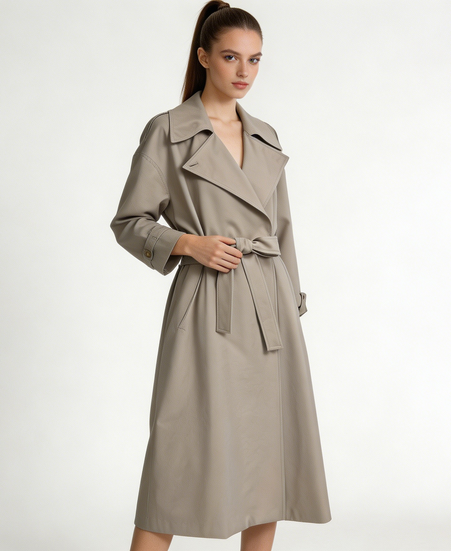 Light Beige Belted Trench Coat - Oversized Long Coat 57768