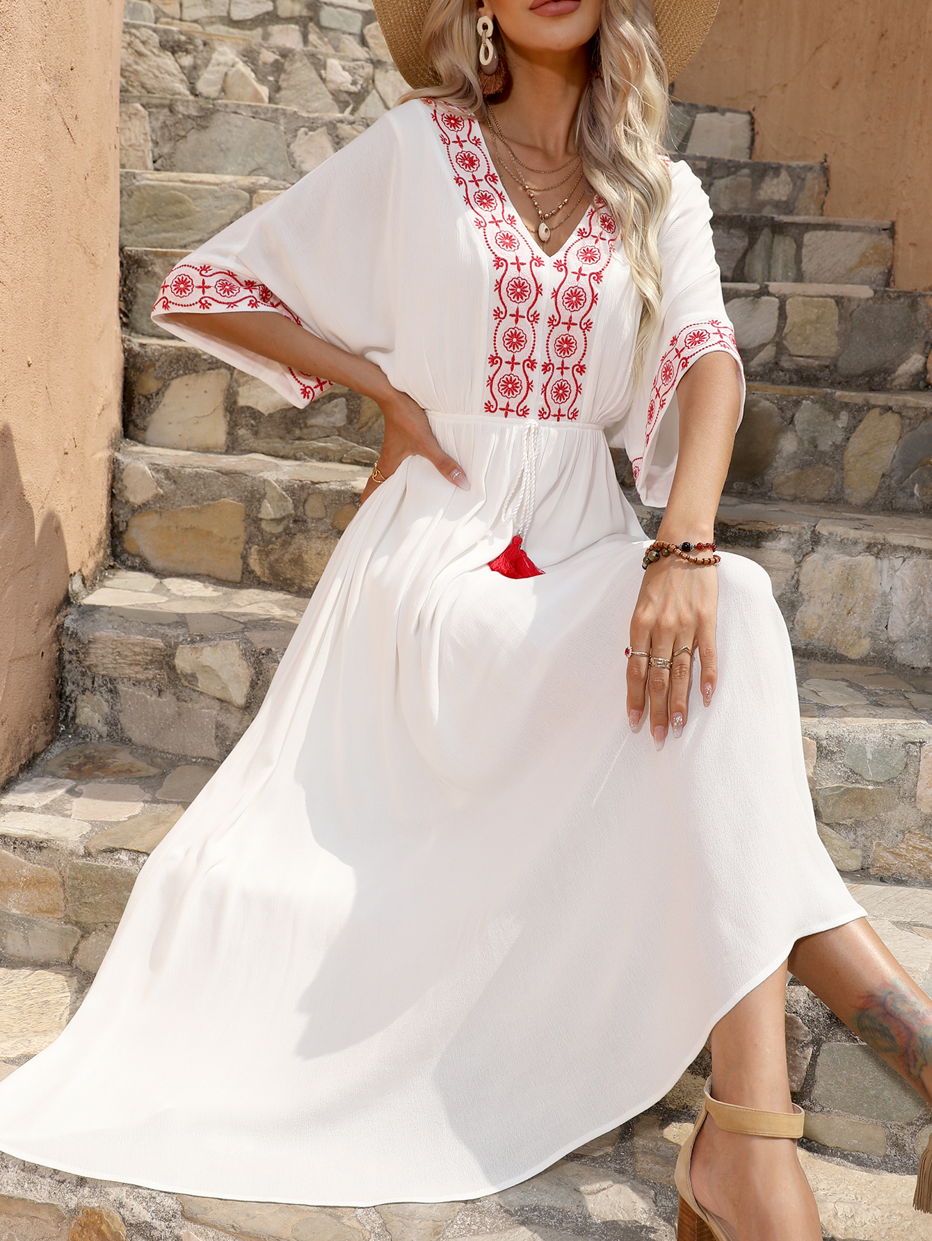 Women’s Boho Red Embroidered V-Neck Tassel Resort Midi Dress D-34504
