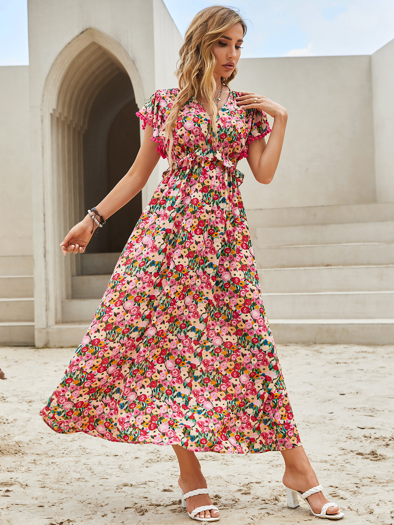 Women’s Boho Floral V-Neck Empire Waist Maxi Dress W-32834