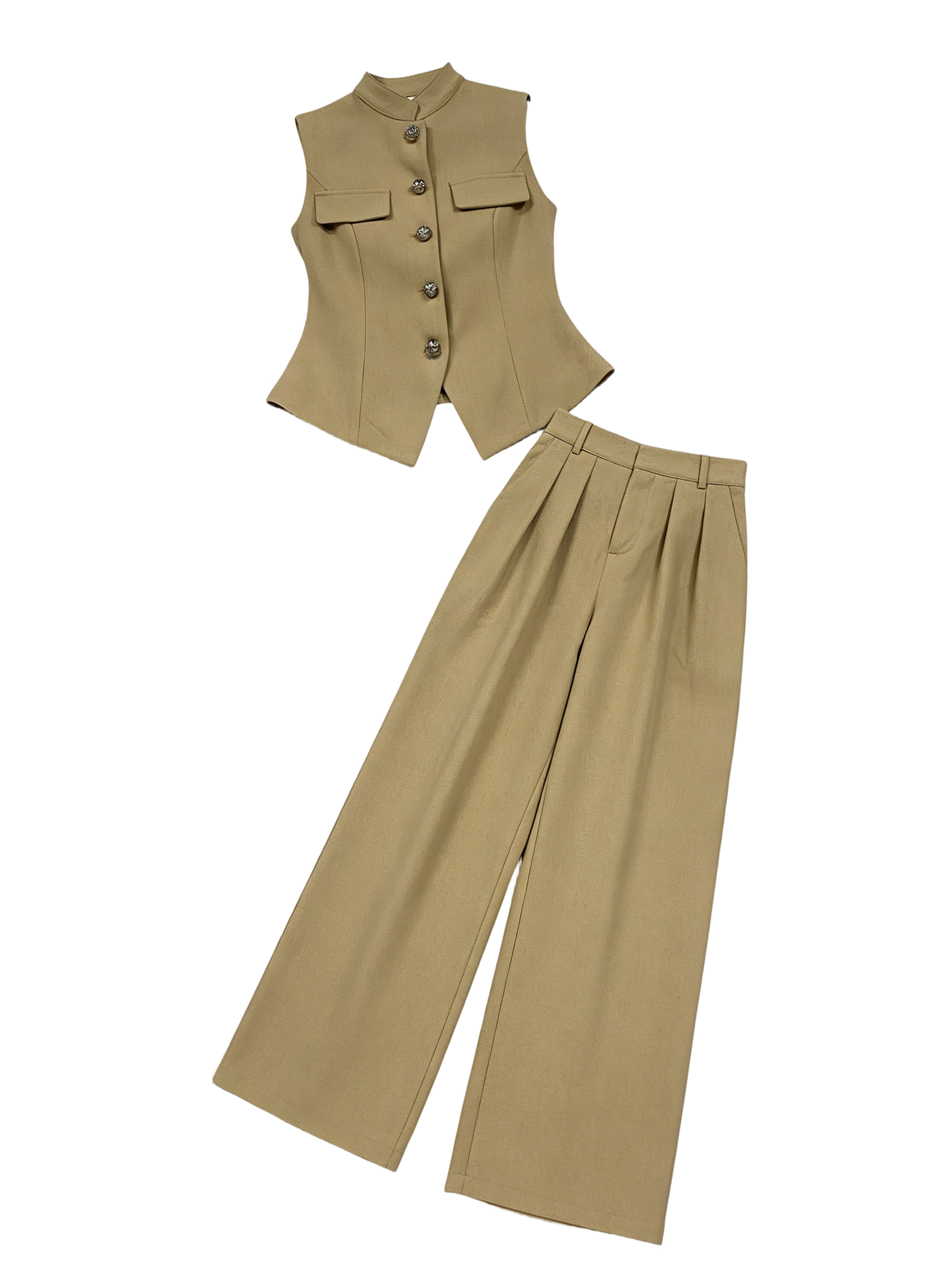 Pink Linen-Blend Mandarin Collar Vest Wide Leg Pants Set - Office 2 Piece Outfit V-C41196