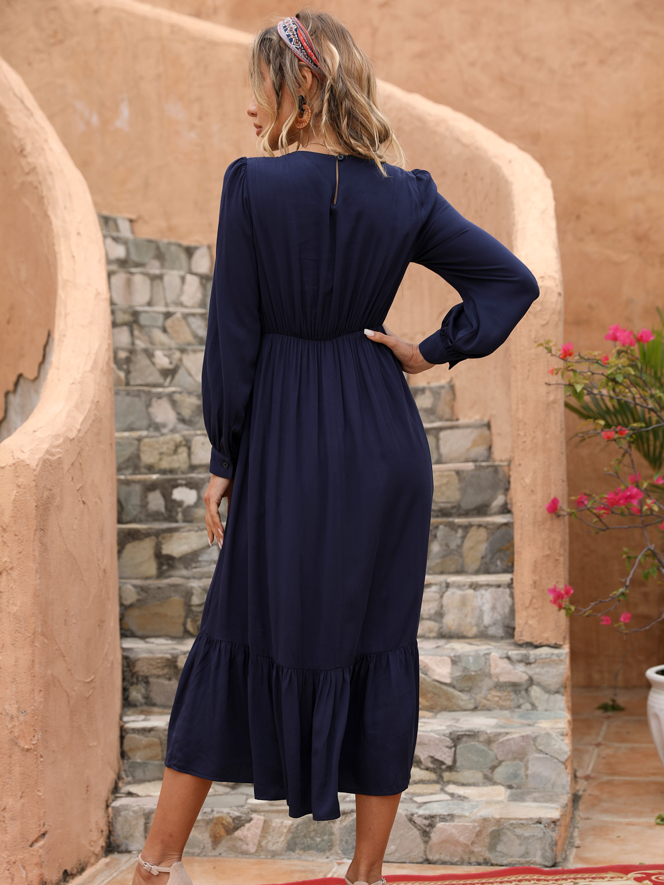 Bohemian Embroidered Midi Dress for Women – Long Sleeve Vintage Ethnic Dress D-34216