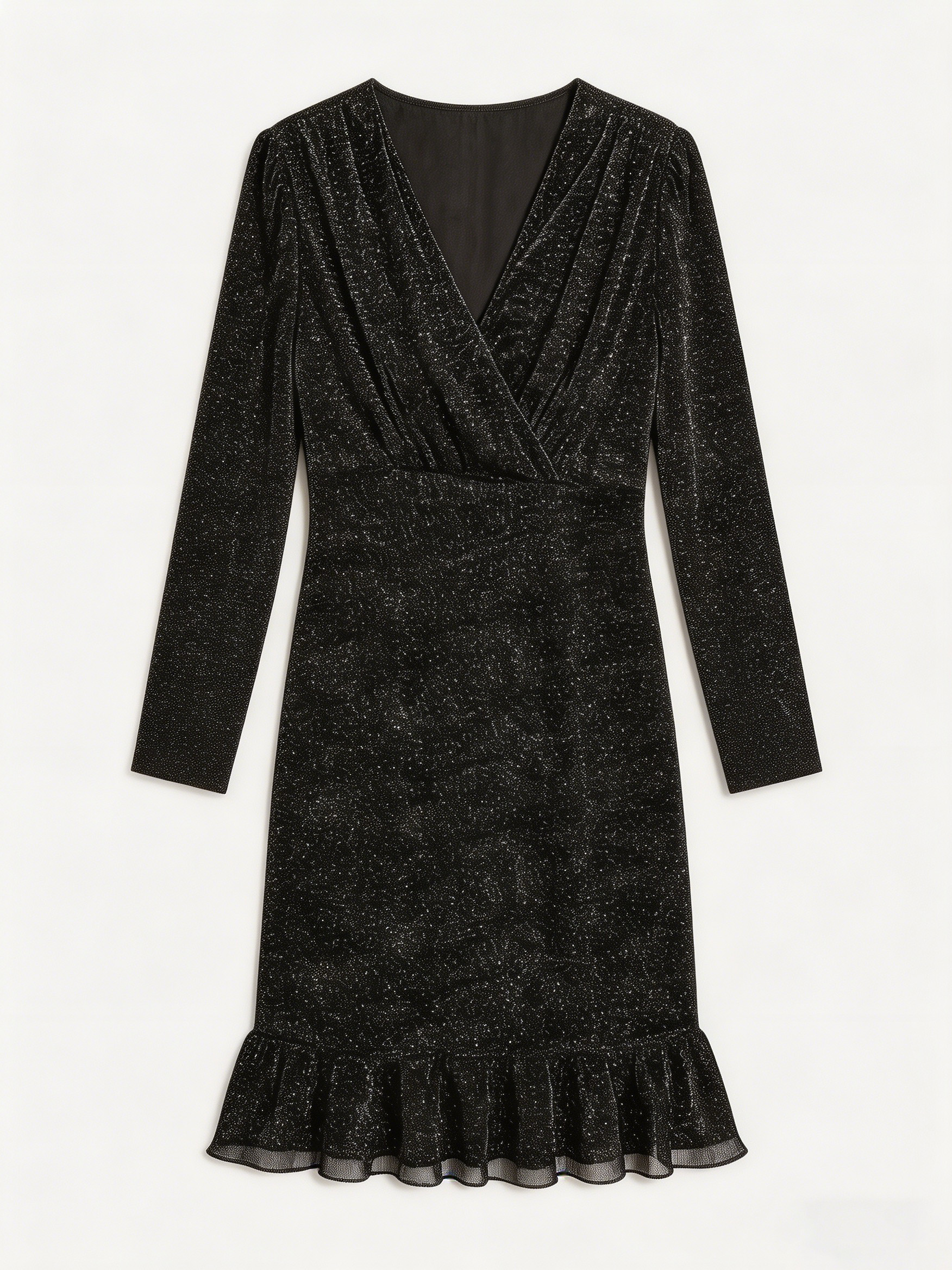 Black Sparkly Ruched Ruffle Mini Dress W-40951