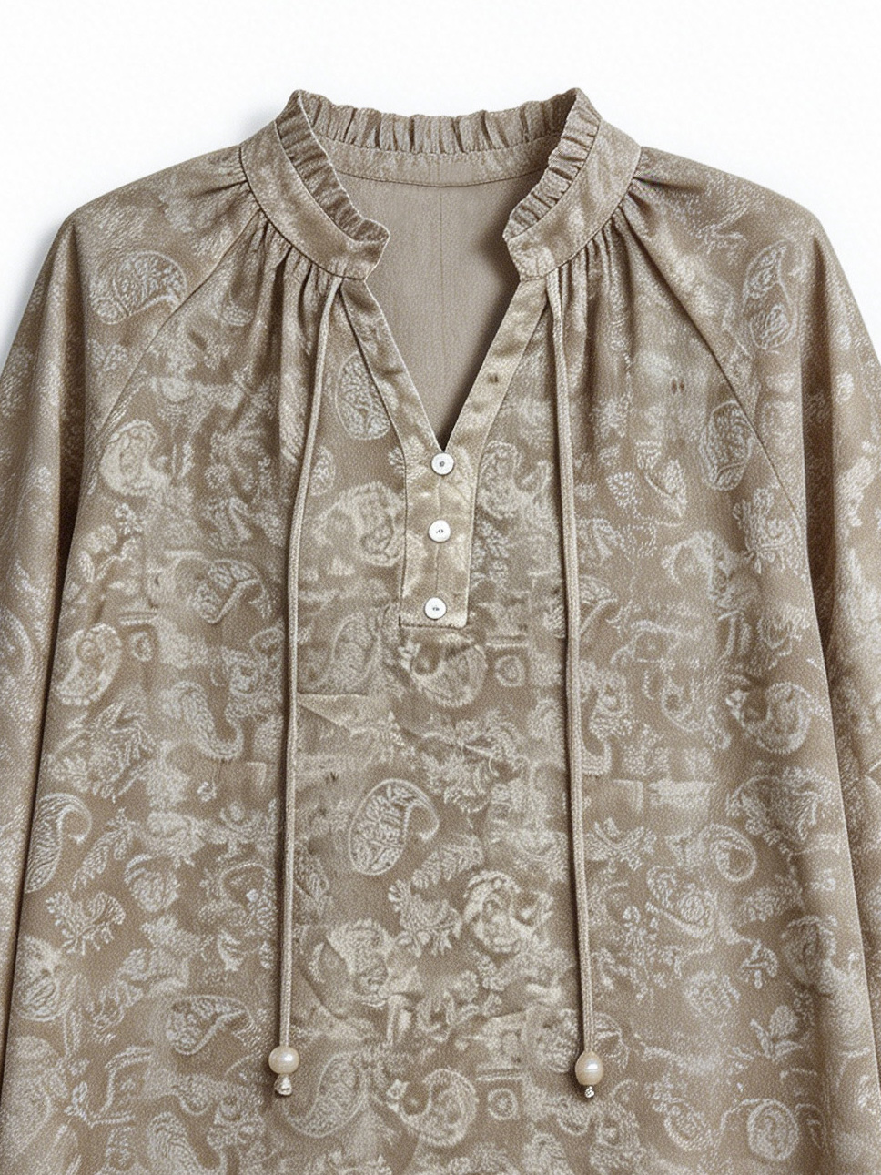 Women's  Paisley Print Blouse - Tie Neck Puff Sleeve Top AN-710020