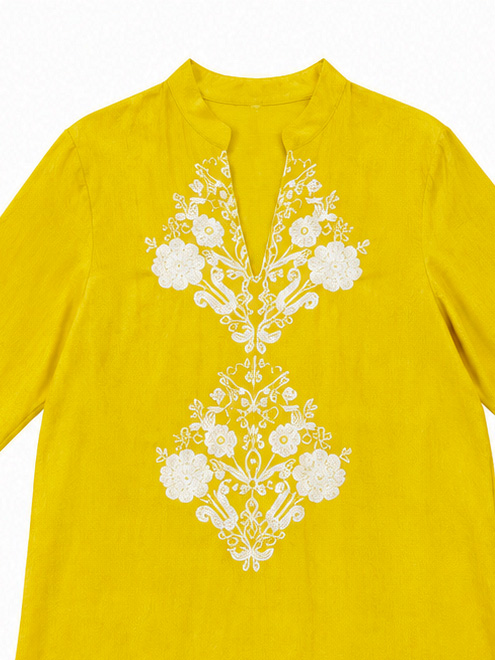 Women's Yellow Floral Embroidered Asymmetric Dress W-24581