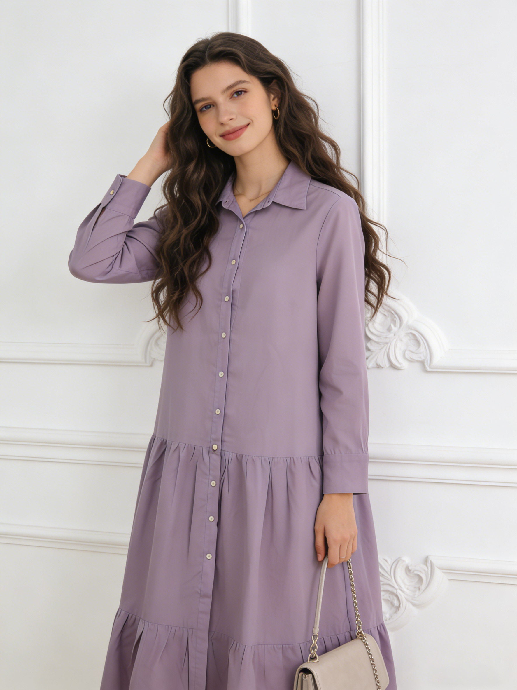 Chic Lavender Shirt Dress - Flowy Ruffle Tiered Long Sleeve Dress  M-40510