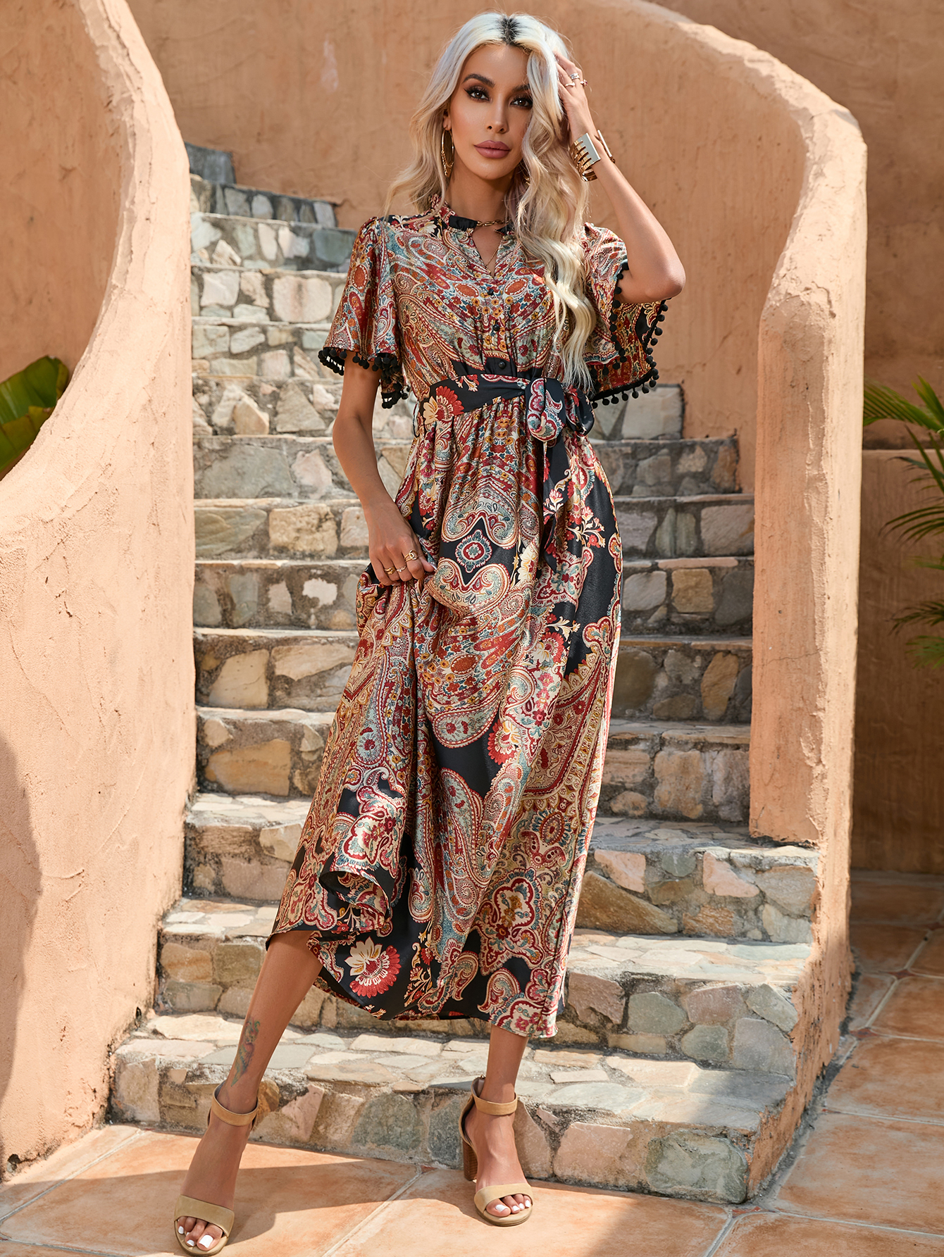 Women Boho Paisley Print Pom Pom Sleeve Belted Midi Dress W-34608