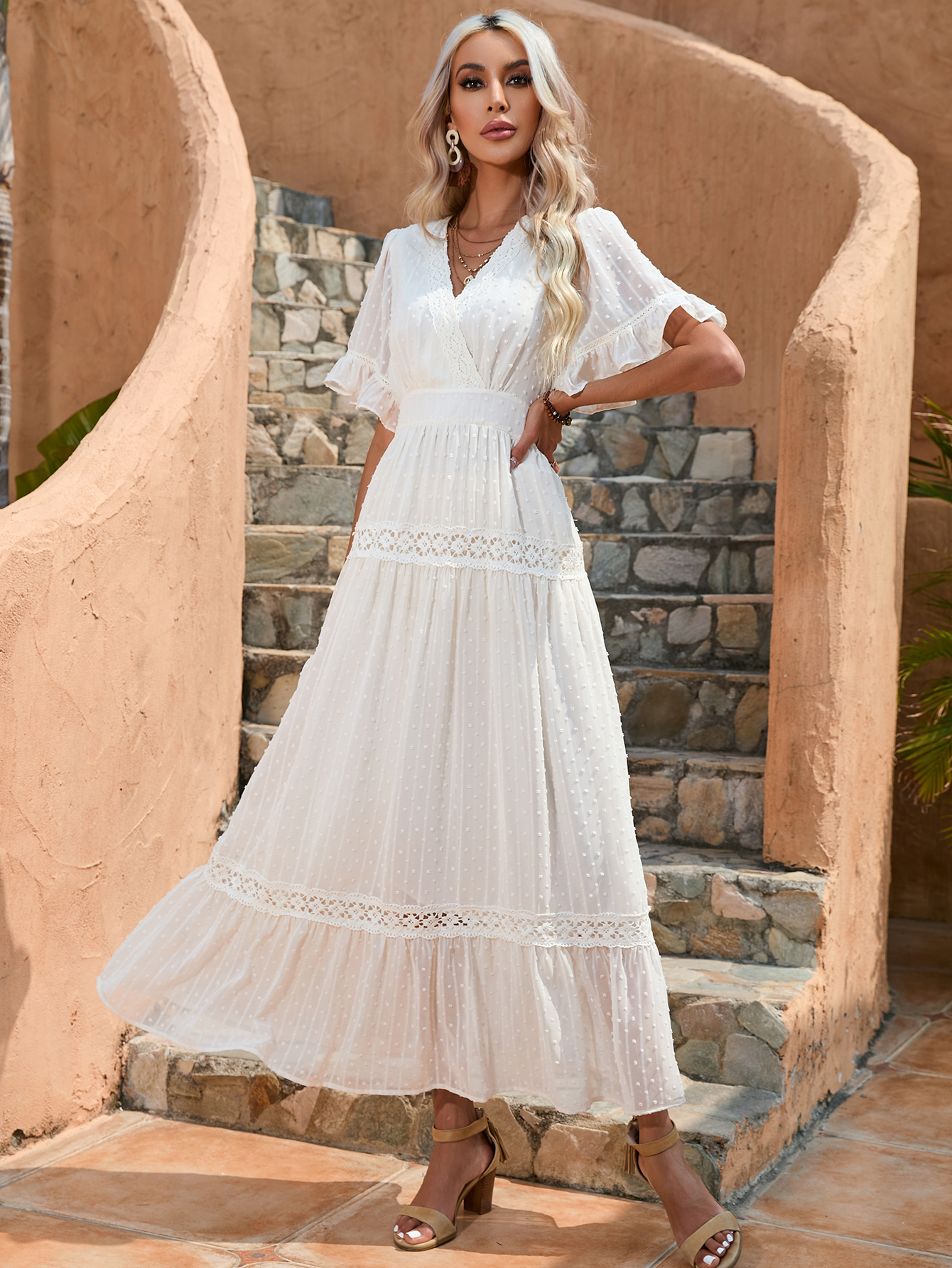 Women Boho Swiss Dot Lace Trim V Neck Ruffle Sleeve Maxi Dress W-34612