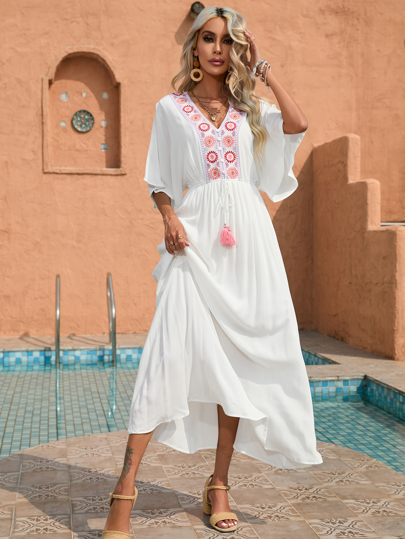 Women’s Boho Embroidered Tassel Resort Midi Dress D-34467