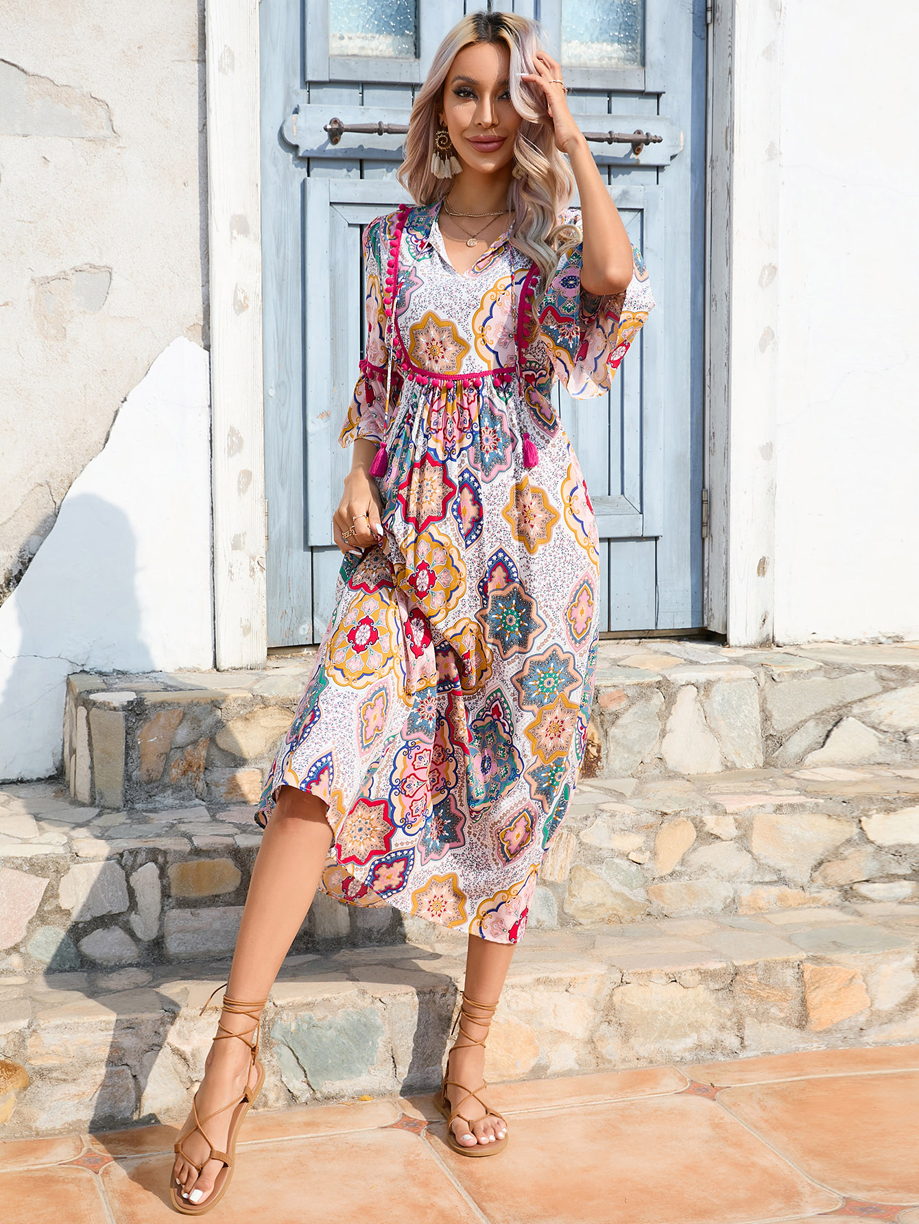 Women’s Boho Ethnic Print Midi Dress with Tassel V Neck D-34351