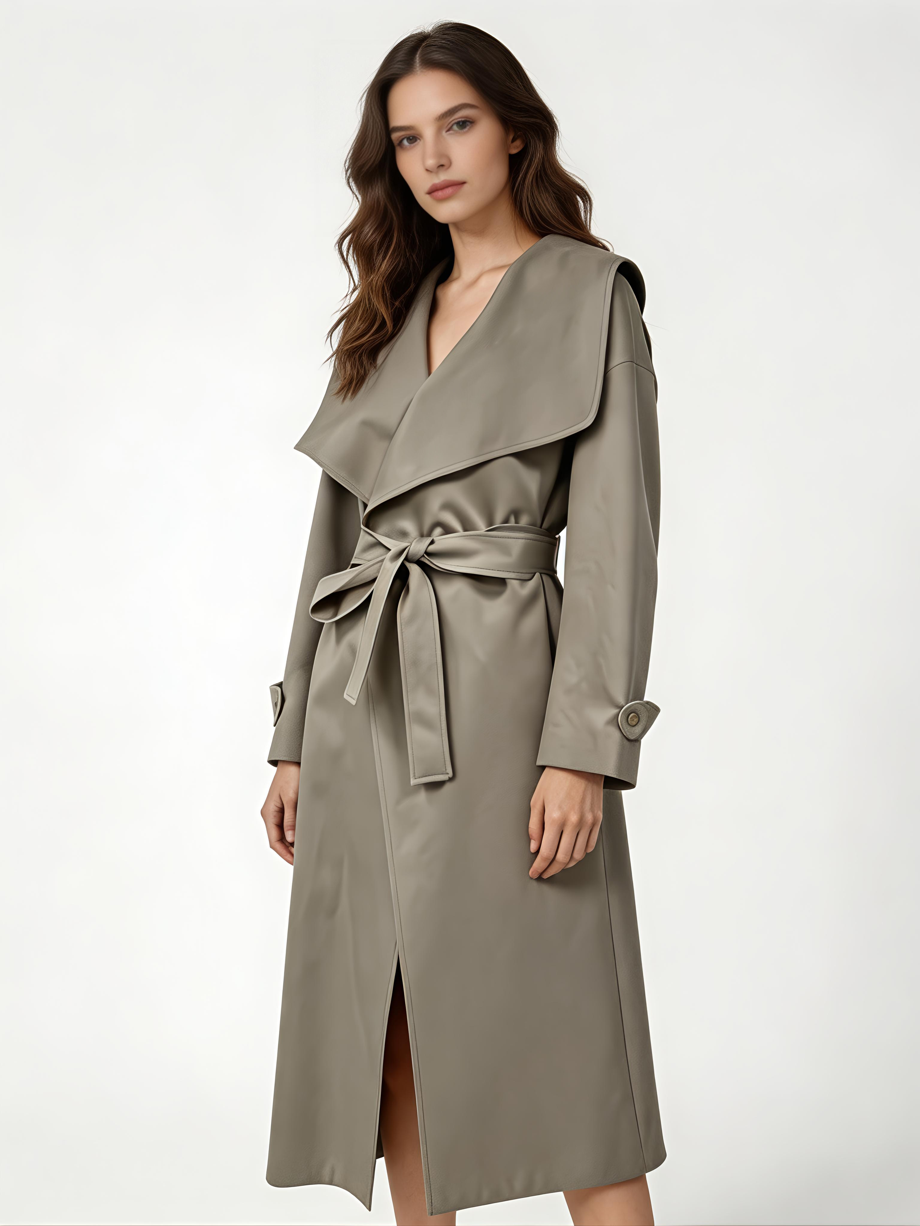 Minimalist Belted Trench Coat – Oversized Lapel Wrap Elegant Long Coat 57703
