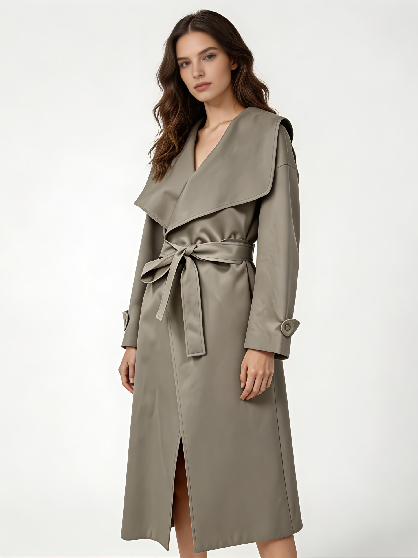 Minimalist Belted Trench Coat – Oversized Lapel Wrap Elegant Long Coat 57703