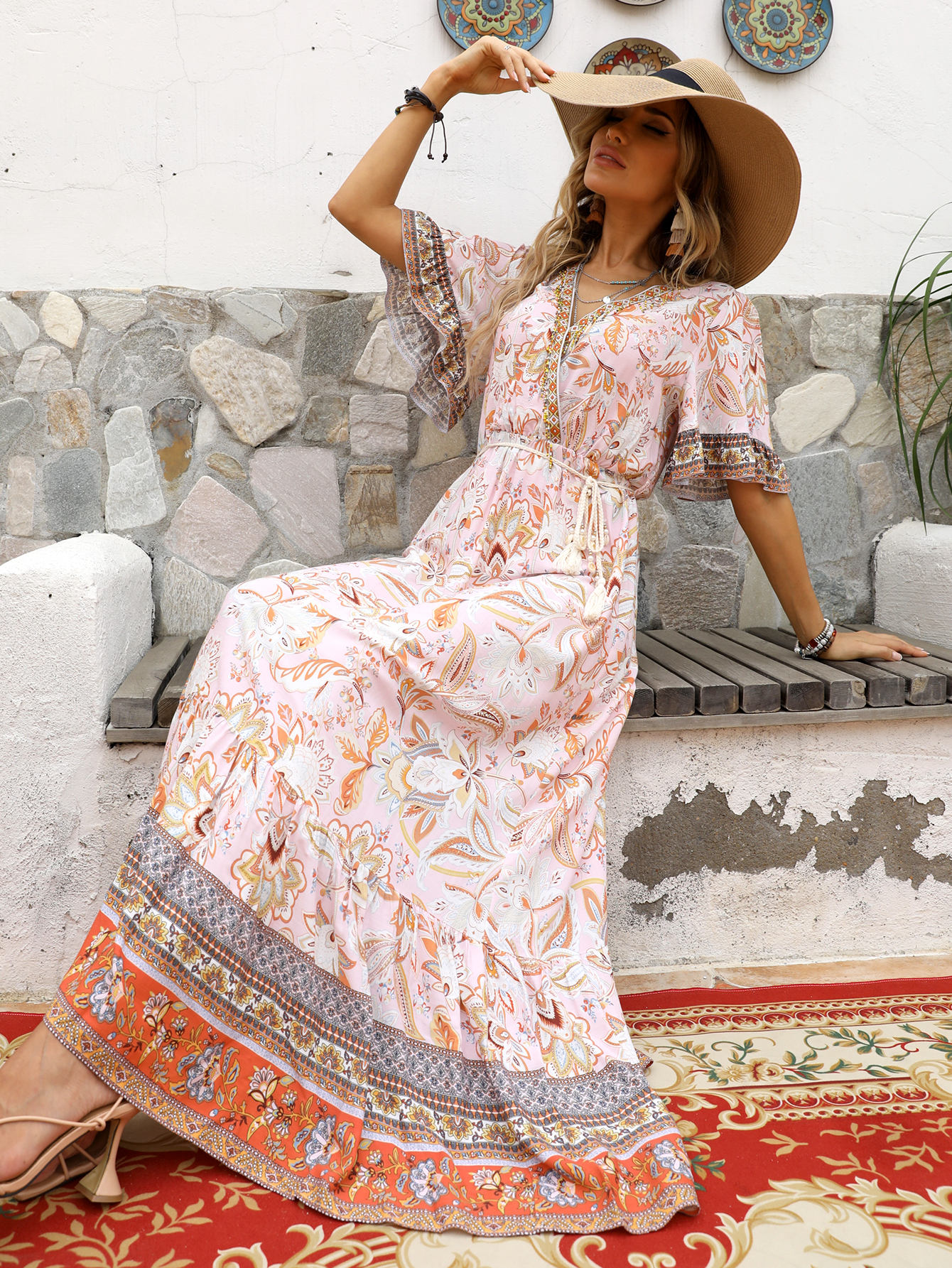 Women’s Boho Border Print Flutter Sleeve Maxi Dress W-32183