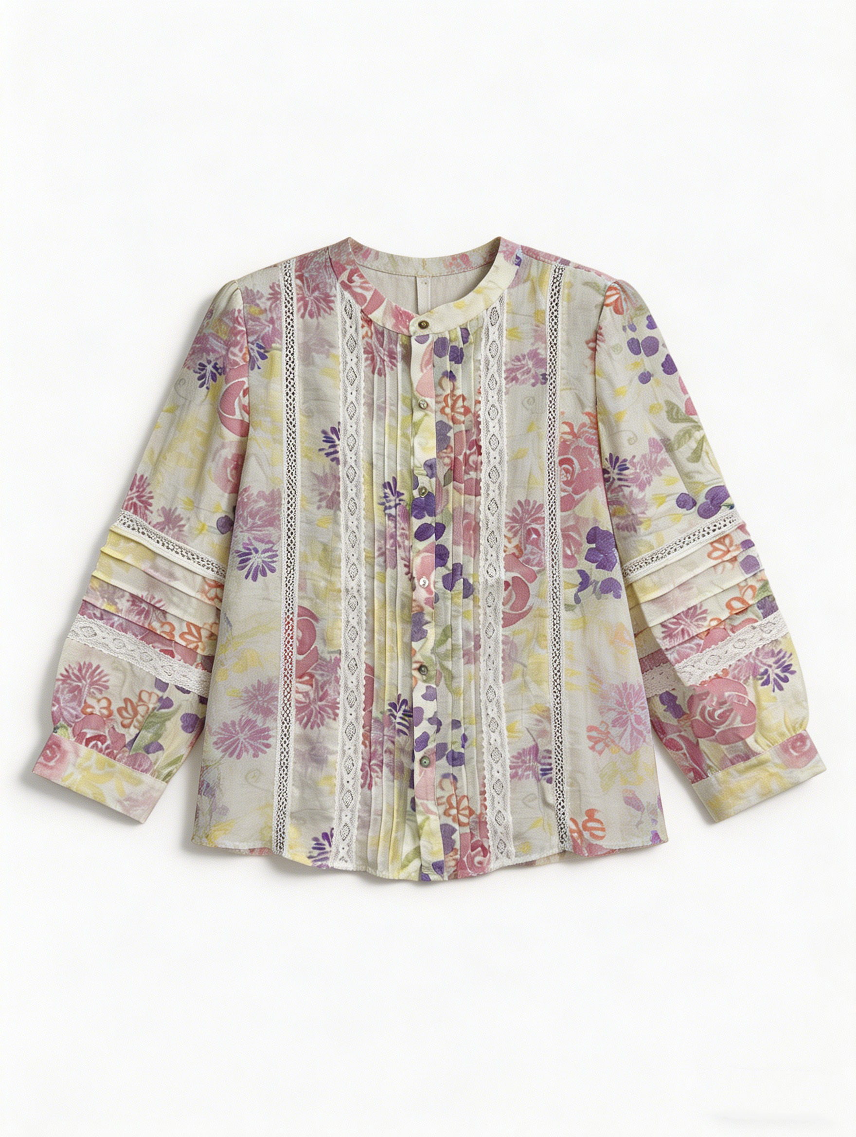 Boho  Floral Print Shirt - Lace Trim Relaxed Fit Blouse AN-710007