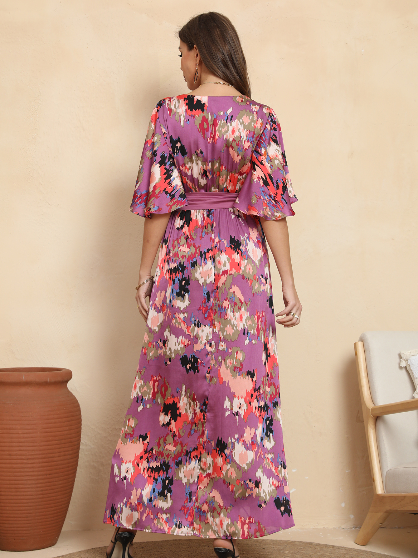 Vibrant Floral Wrap Belted Flutter Sleeve Maxi Dress W-32906