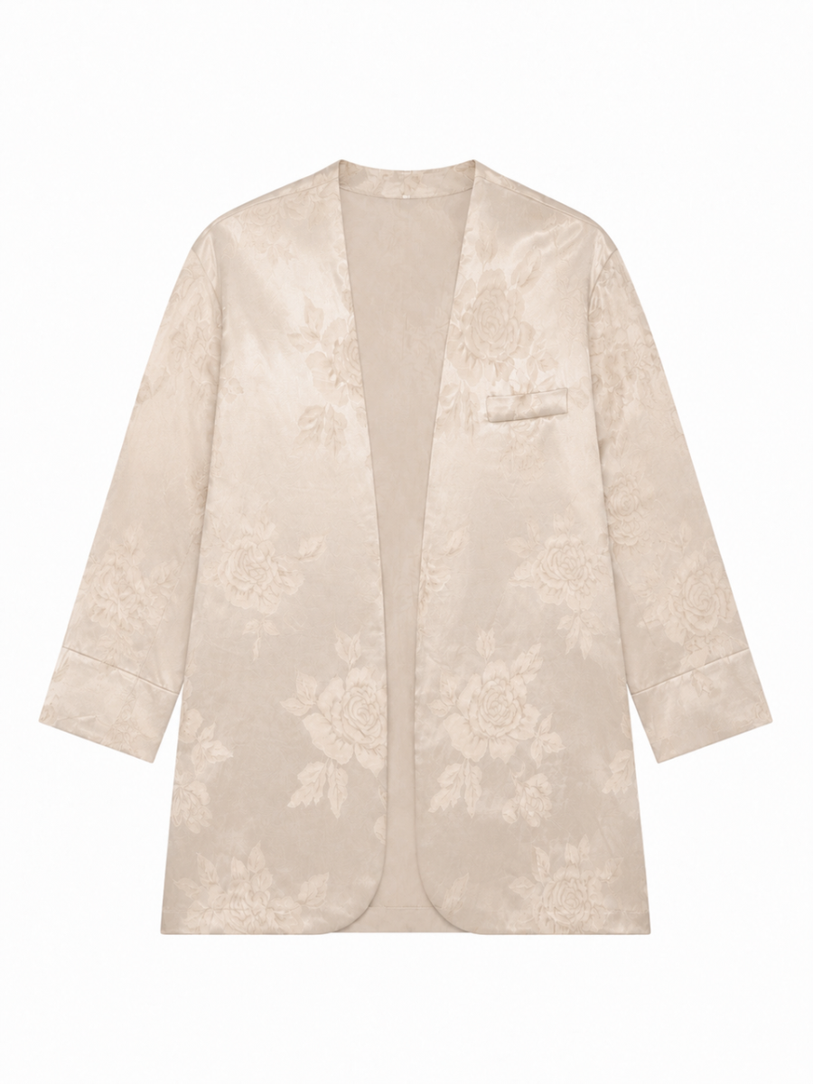 Women Champagne Gold Floral Jacquard Open‑Front Blazer W-40429