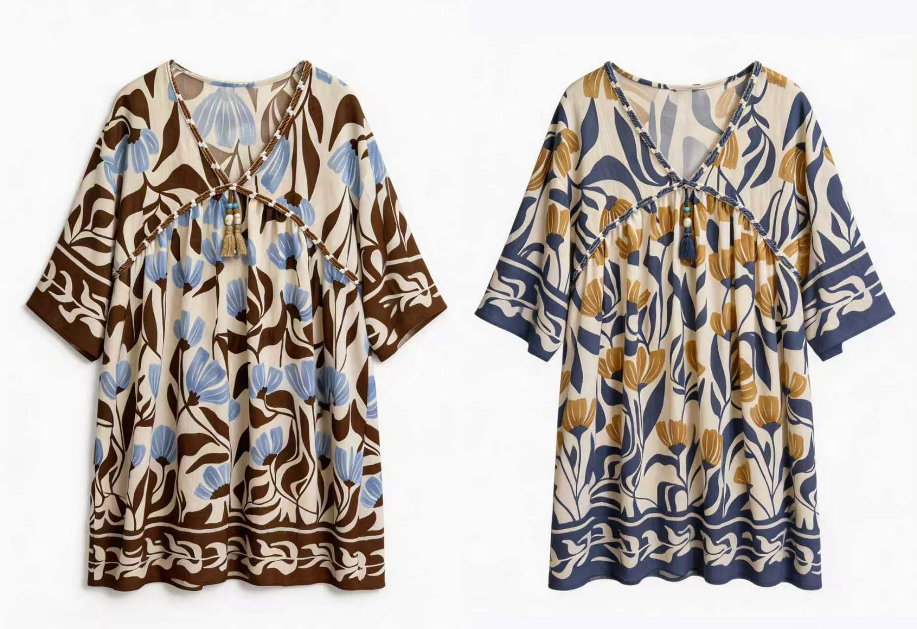 Women Boho Floral Tassel Tunic Blouse Resort Wear C-42531(AN-760006)