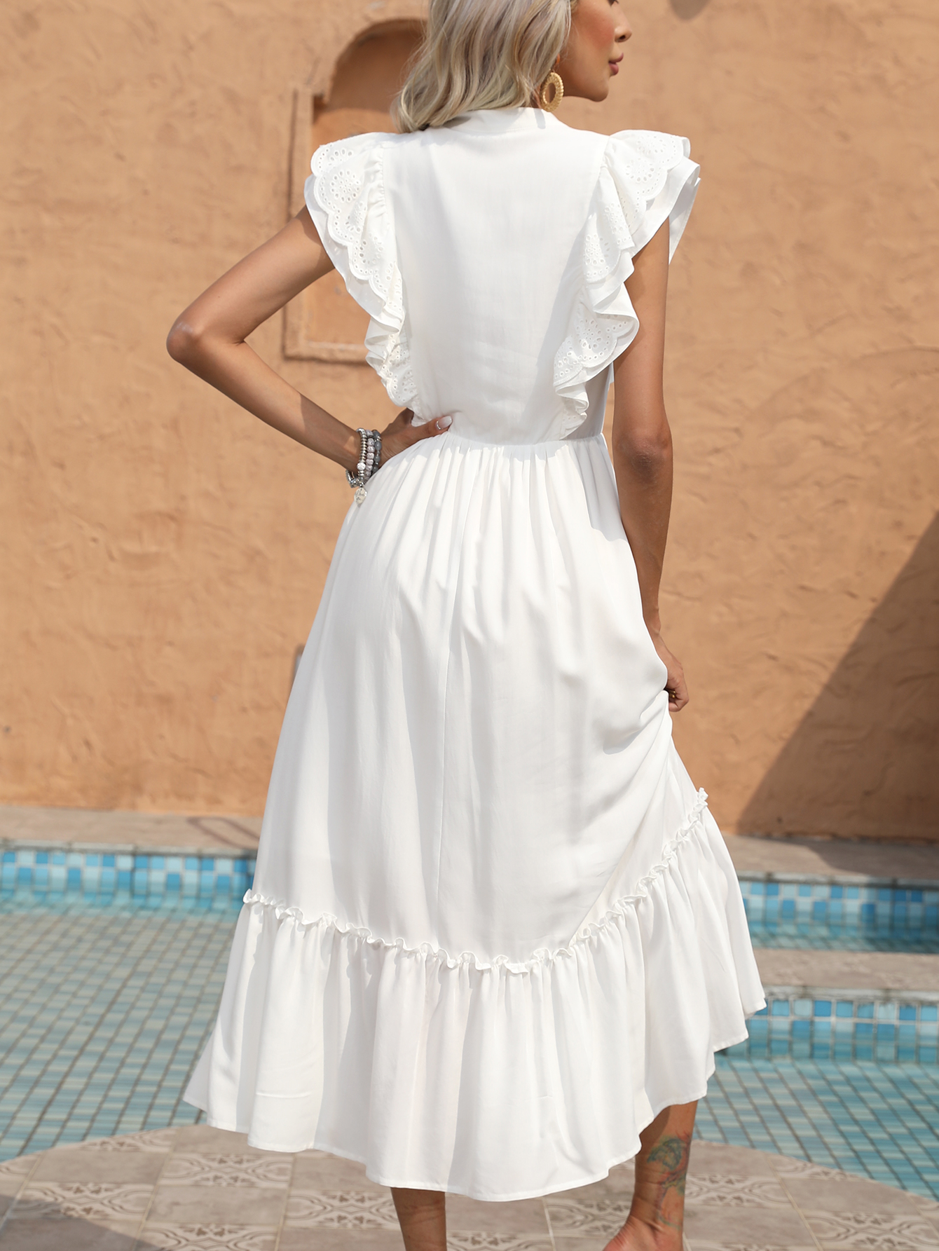 Women’s White Ruffle Sleeve V-Neck Tiered Midi Dress D-34633