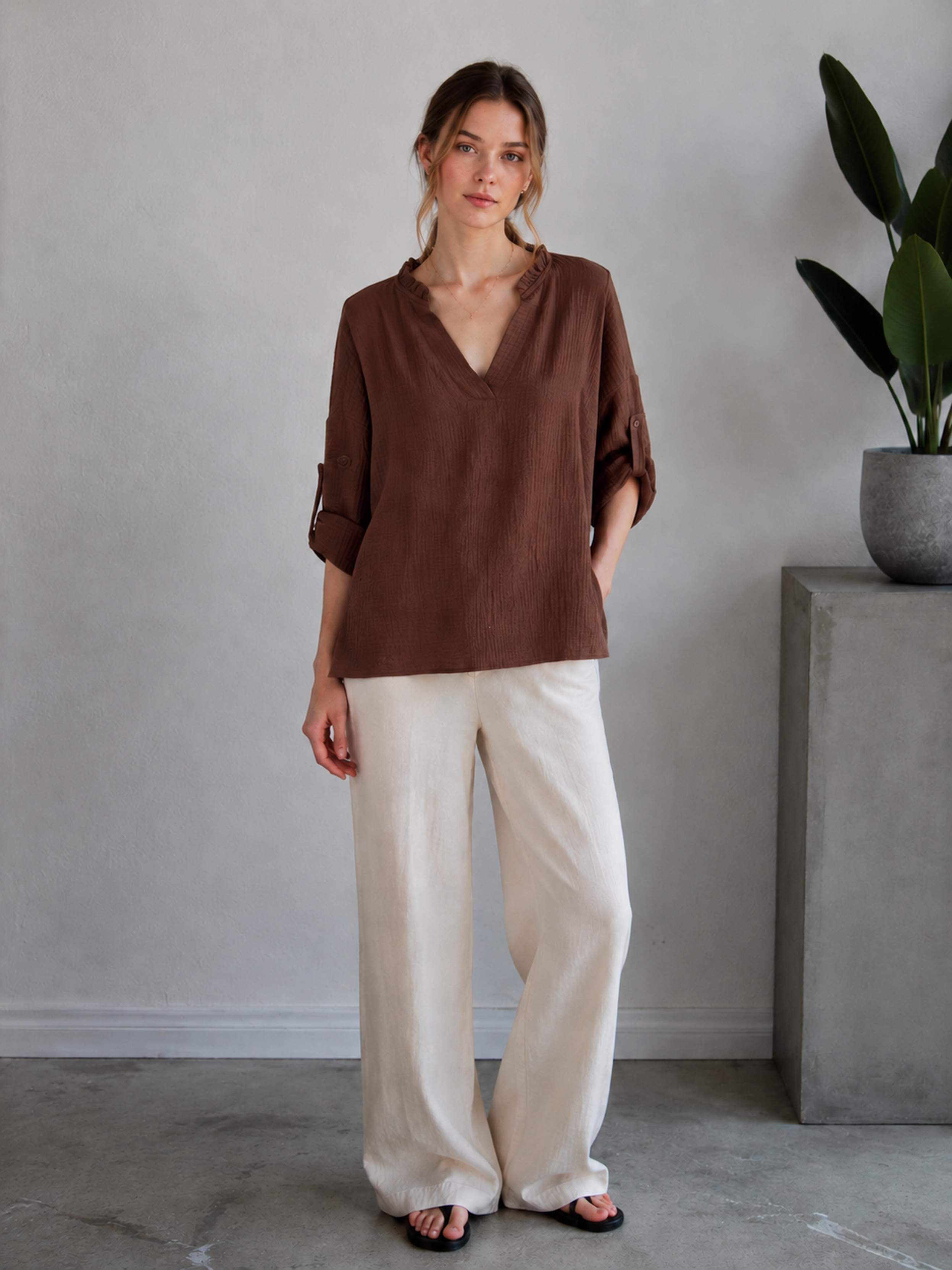 Brown Crinkle‑Textured V‑Neck Blouse With Ruffled Notch Collar & Roll‑Up Sleeves C-43565