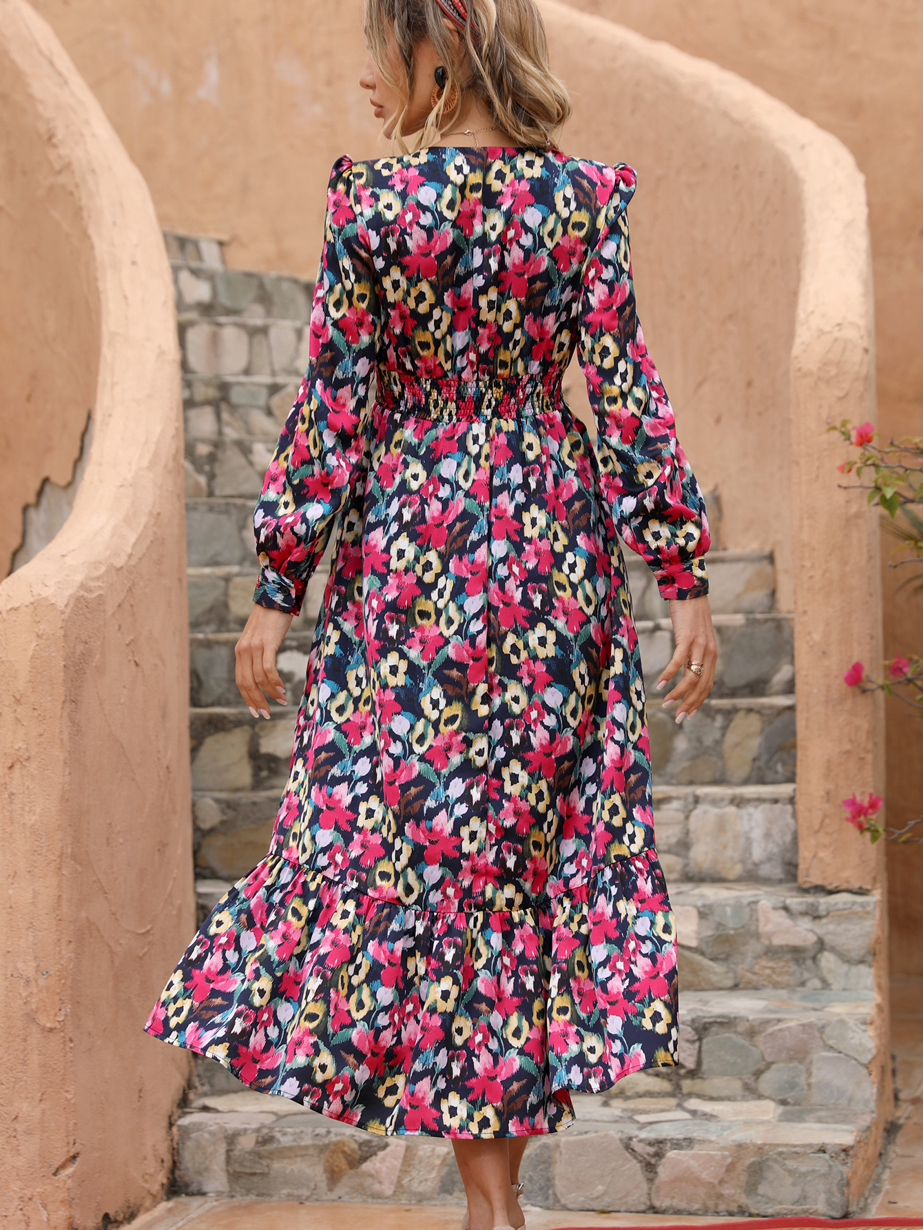 Women’s Colorful Boho Floral Midi Dress – Long Sleeve V-Neck Tiered Hem D-34092