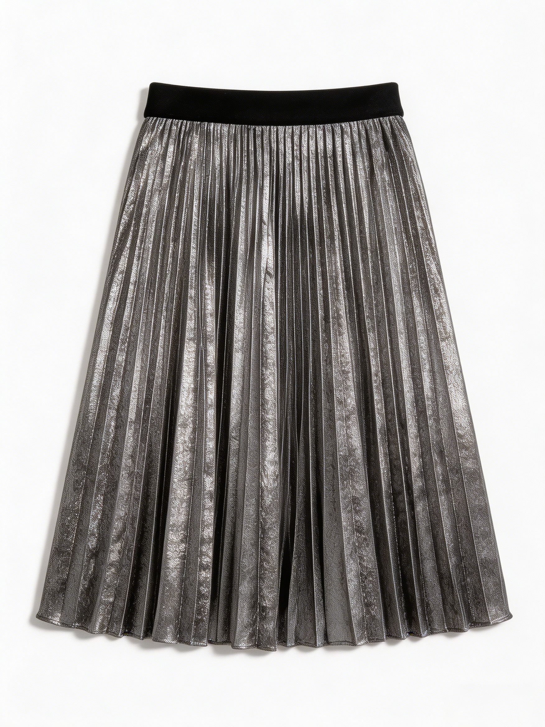 Silver Metallic Pleated Midi Skirt W-35616