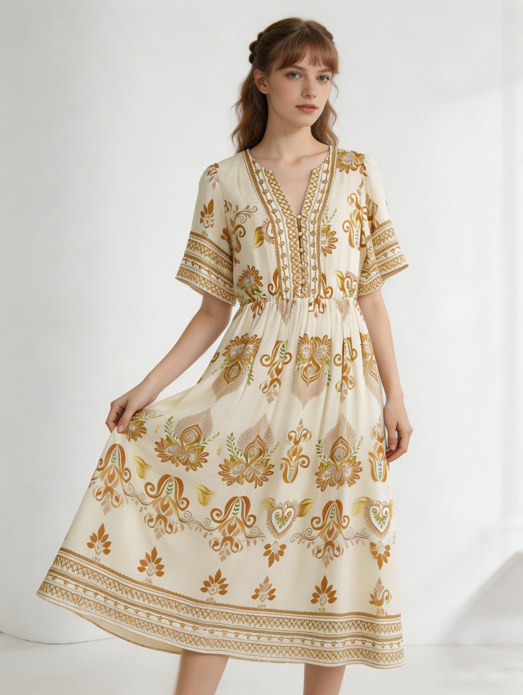 Boho Chic V-Neck Maxi Dress: Vintage Print Summer Resort Wear C-40115