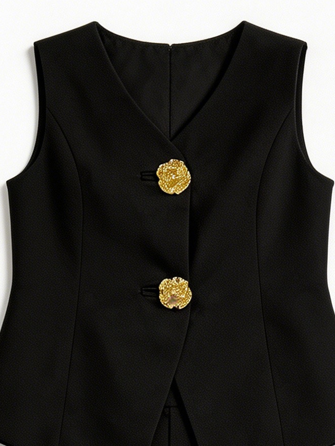 Minimalist Black Boxy Vest & Maxi Skirt Set with Statement Gold Buttons YB-002